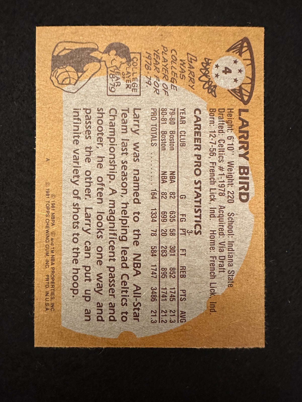 1981-82 Topps Larry Bird (#4) NM HOFer, Celtics Great, Fresh Pull ^GRUMPYBUCK^