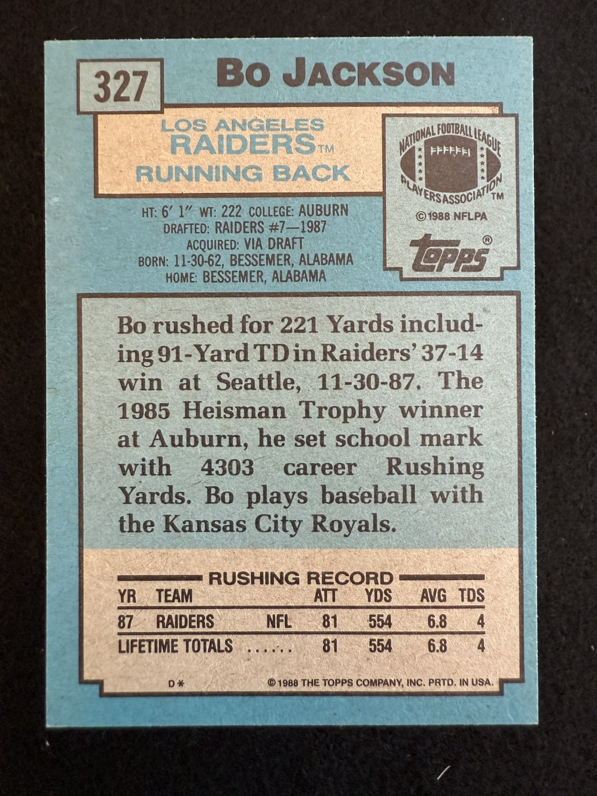 1988 Topps Bo Jackson (#327) NM Rookie Card, 2-Sport Star ^GRUMPYBUCK^