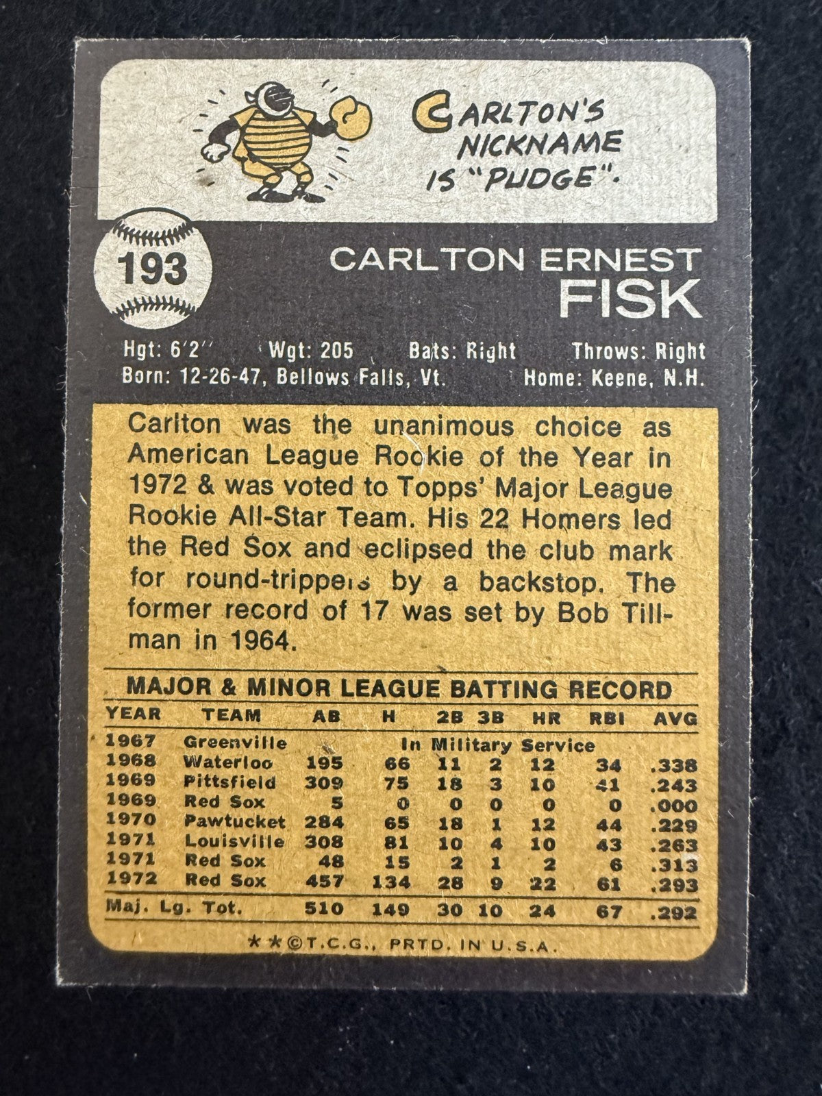 1973 Topps Carlton Fisk (#193) EX HOFer, Red Sox Catcher ^GRUMPYBUCK^