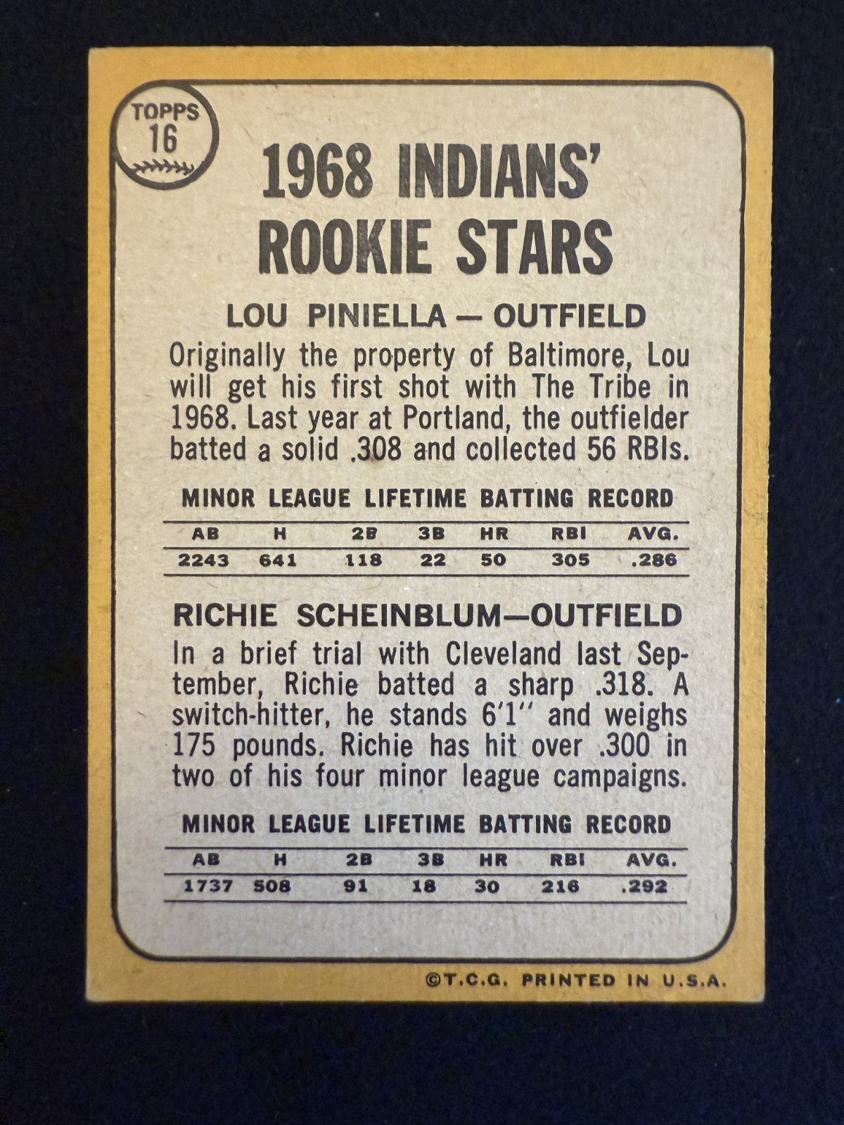 1968 Topps Lou Piniella, Scheinblum (#16) EX Rookie Card ^GRUMPYBUCK^