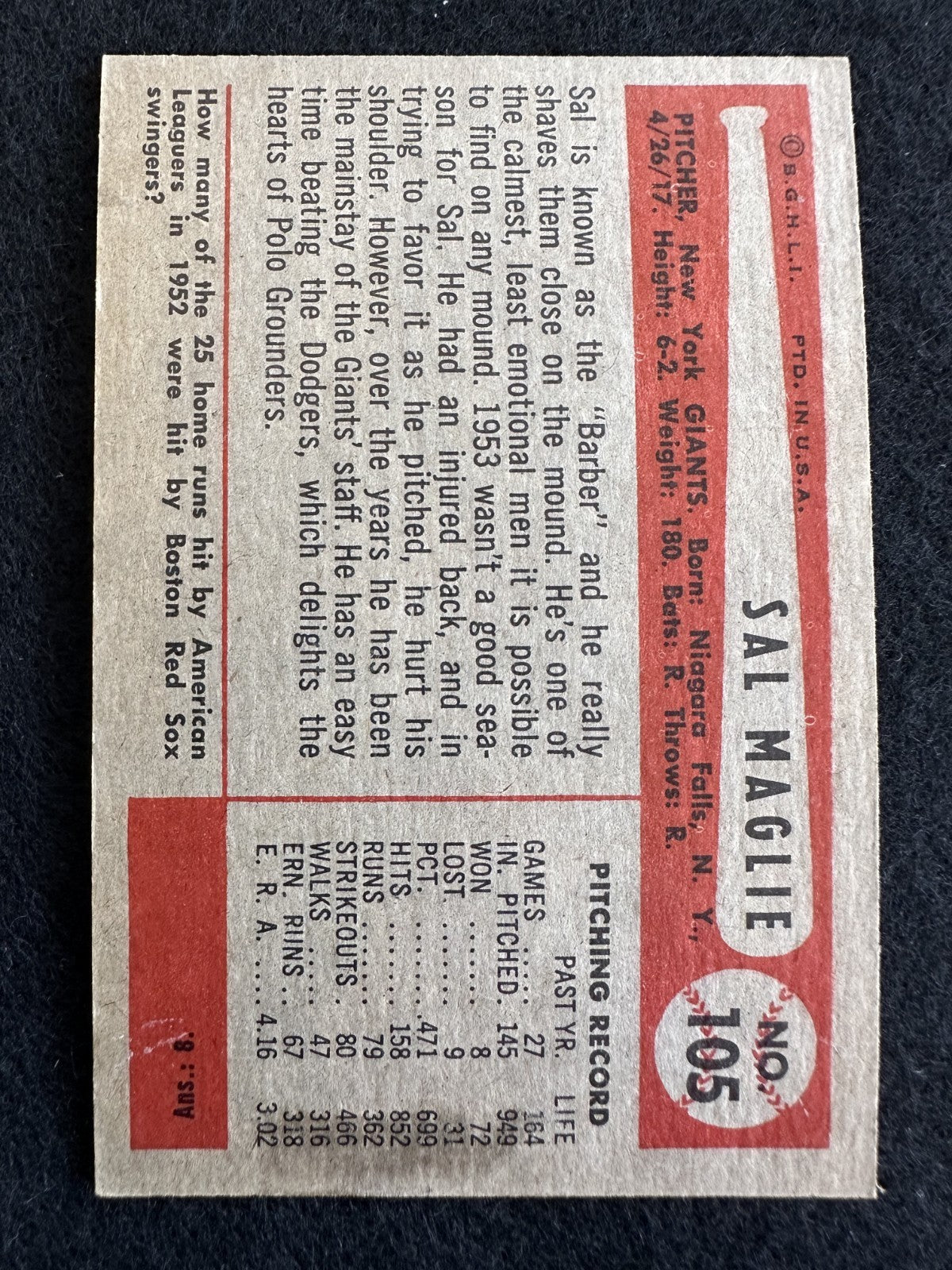 1954 Bowman Sal Maglie (#105) EX All-Star P, Giants/Dodgers ^GRUMPYBUCK^
