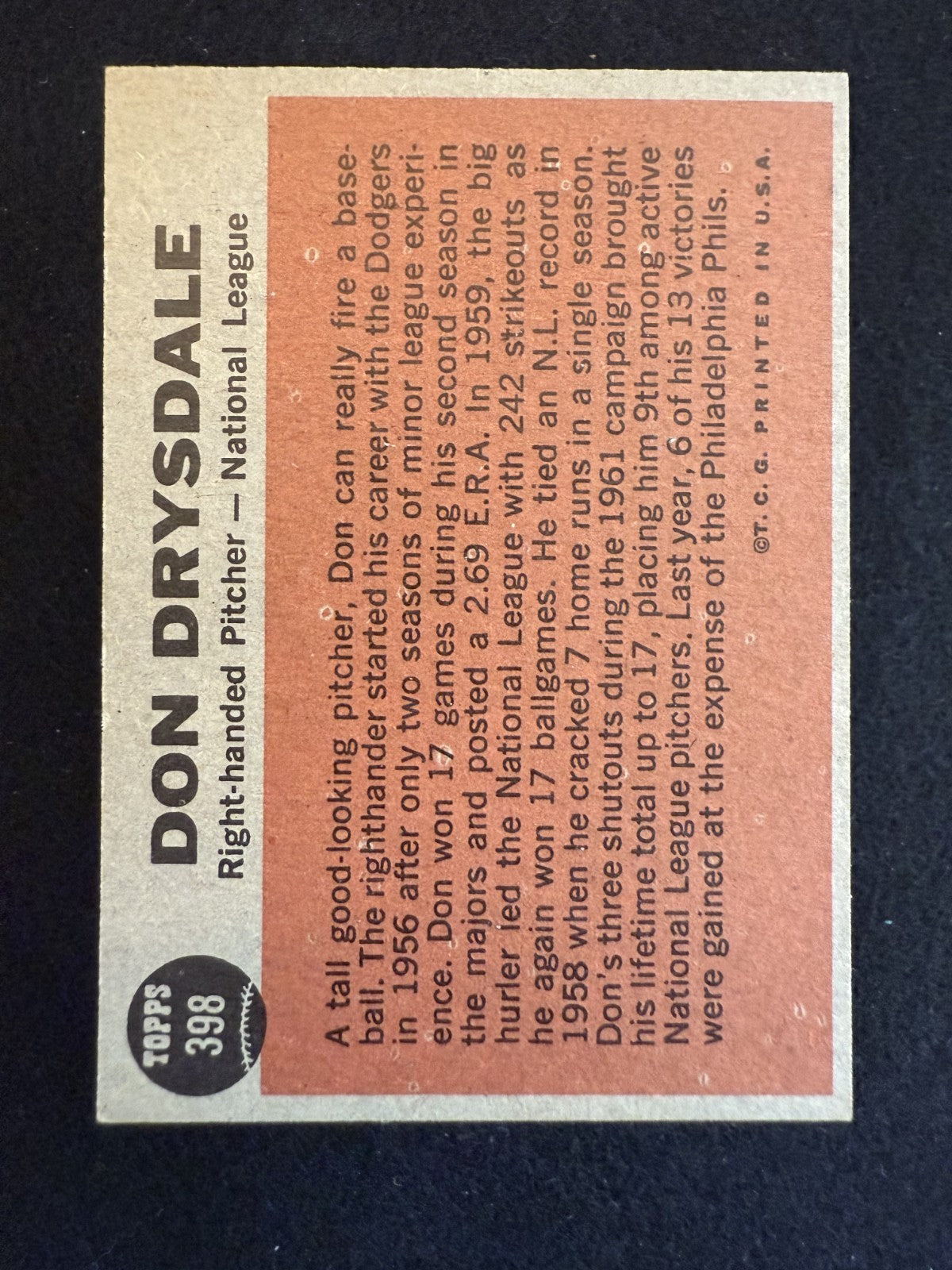 1962 Topps Don Drysdale (#398) EX HOFer, Dodgers All-Star Pitcher ^GRUMPYBUCK^