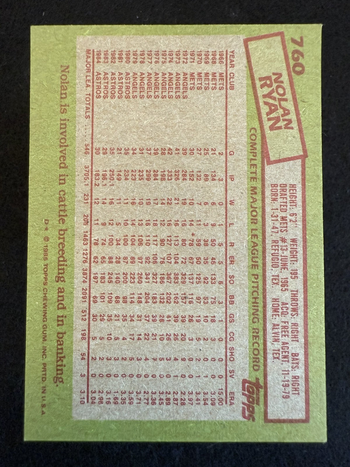 1985 Topps Nolan Ryan (#760) NM HOFer, Ryan Express, K King ^GRUMPYBUCK^