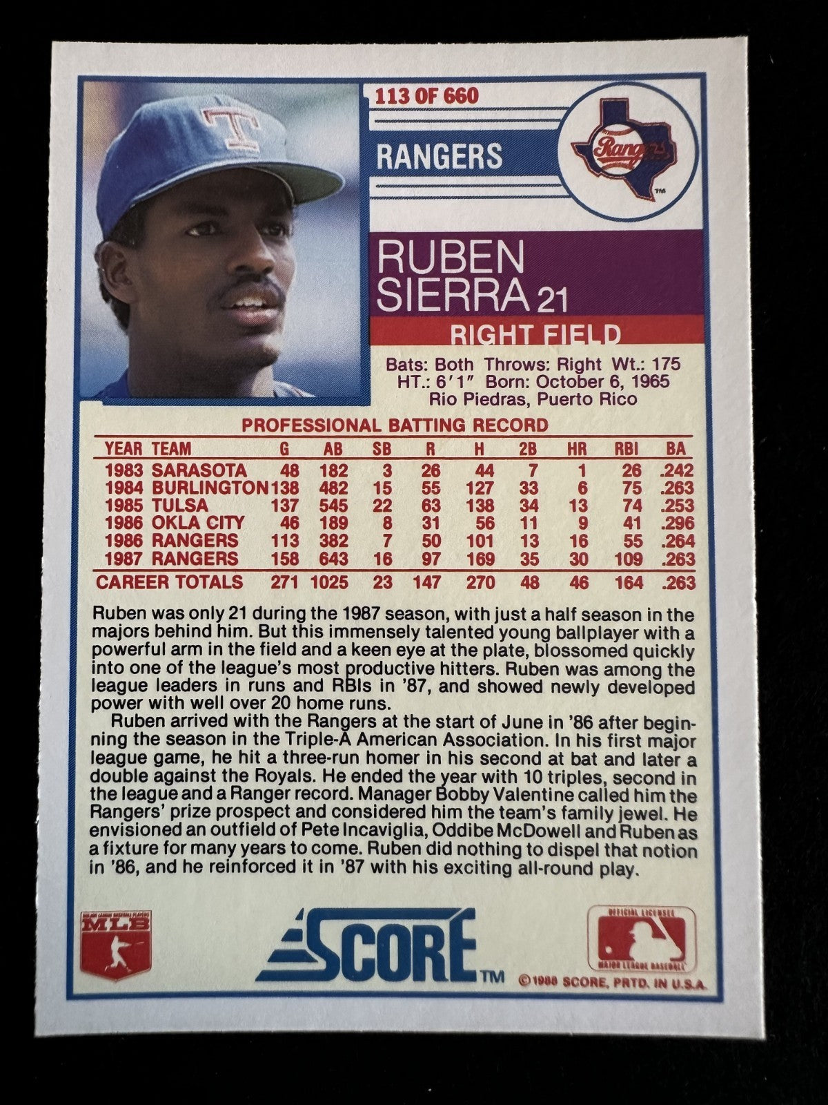 1988 Score Ruben Sierra (#113) NM Power Hitter, Rangers Star ^GRUMPYBUCK^