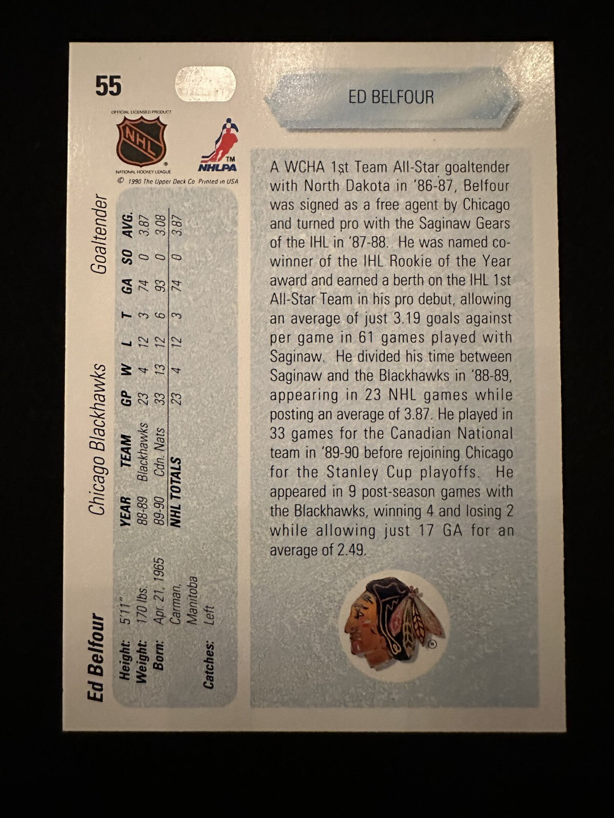 1990–91 Upper Deck Ed Belfour (#55) NM HOFer, Rookie Card, SC Champ ^GRUMPYBUCK^