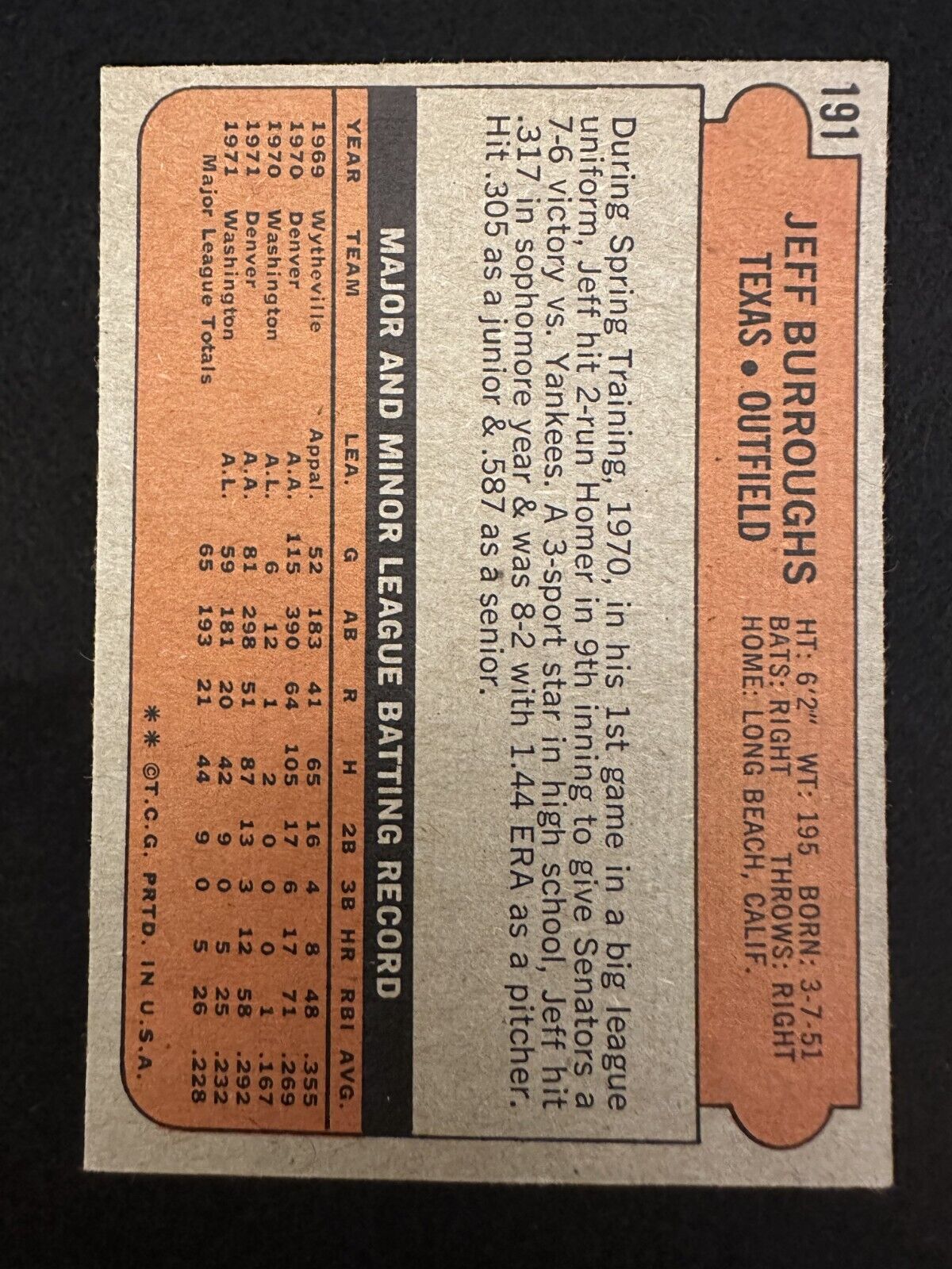 1972 Topps Jeff Burroughs (#191) NM Rookie Card, AL MVP ^GRUMPYBUCK^