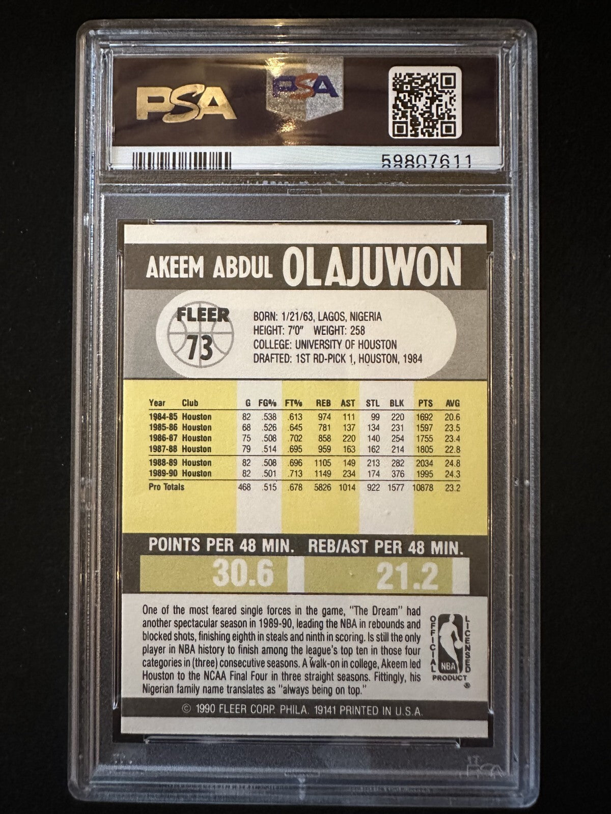 1990–91 Fleer Akeem Olajuwon (#73) PSA 10 NBA Champ, MVP ^GRUMPYBUCK^