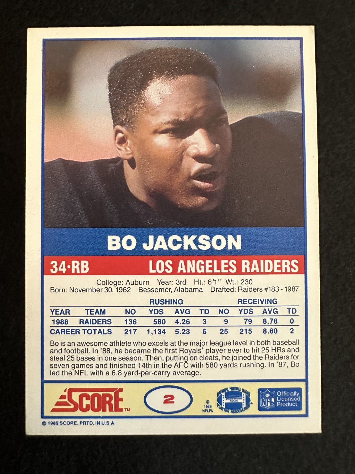 1989 Score Bo Jackson (#2) NM Two-Sport Superstar ^GRUMPYBUCK^