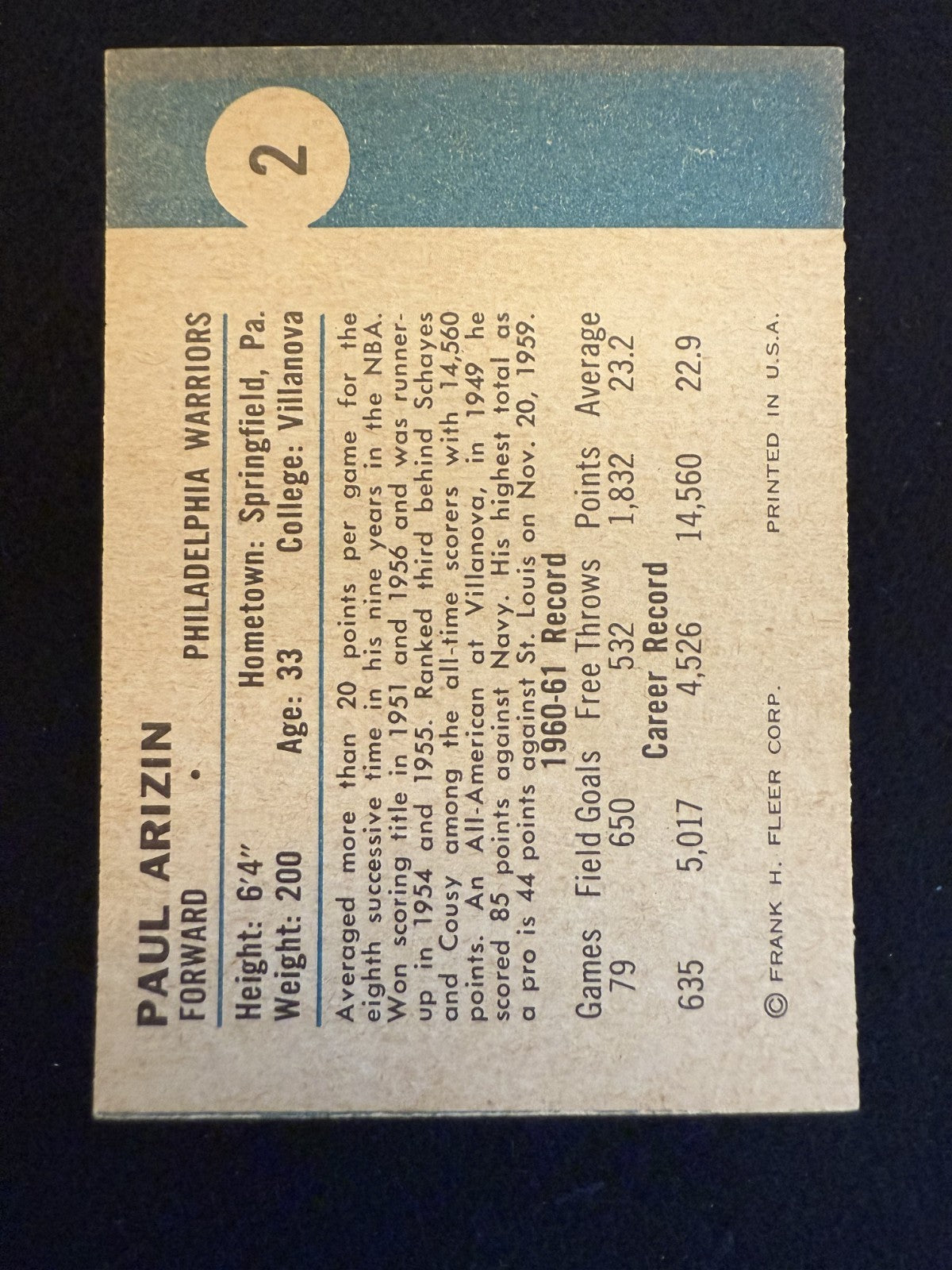 1961-62 Fleer Paul Arizin (#2) EX HOFer, Warriors Scoring Star ^GRUMPYBUCK^