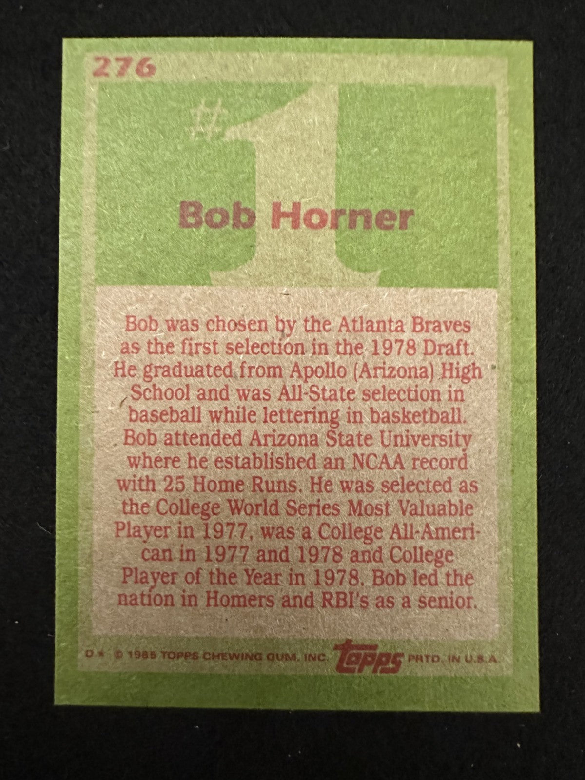 1985 Topps Bob Horner (#276) NM Braves Power Bat, 4-HR Game Legend ^GRUMPYBUCK^