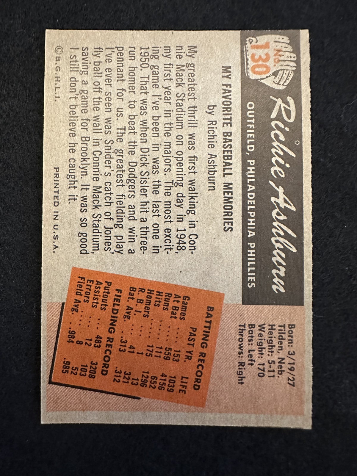 1955 Bowman Richie Ashburn (#130) NM HOFer, Phillies Legend ^GRUMPYBUCK^