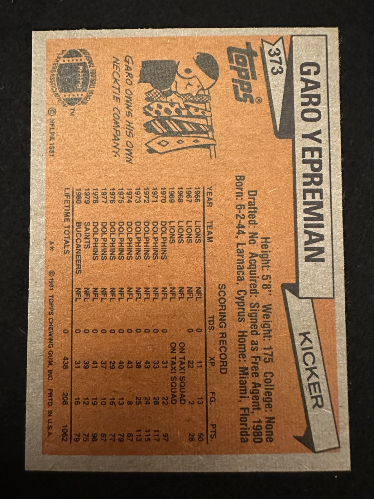 1981 Topps Garo Yepremian (#373) NM All-Time NFL Kicking Great ^GRUMPYBUCK^