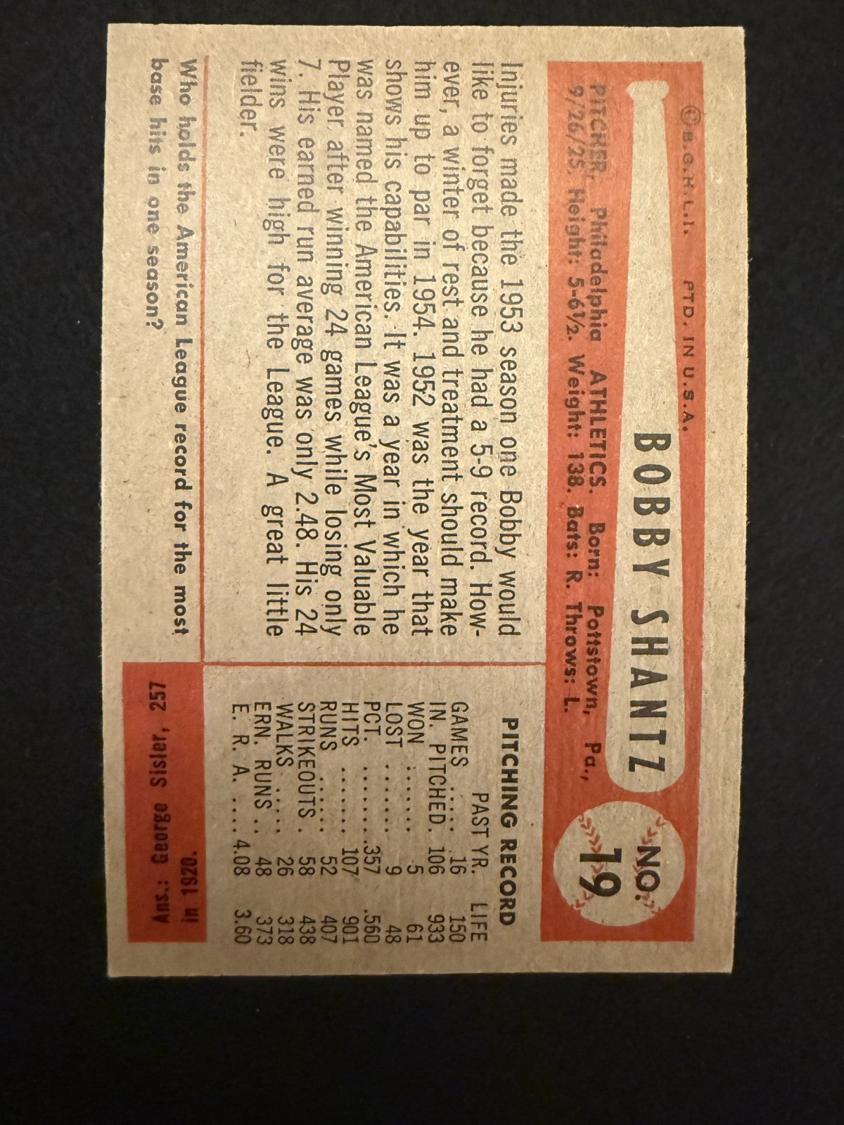 1954 Bowman Bobby Shantz (#19) EX 1952 AL MVP, Crafty Southpaw ^GRUMPYBUCK^