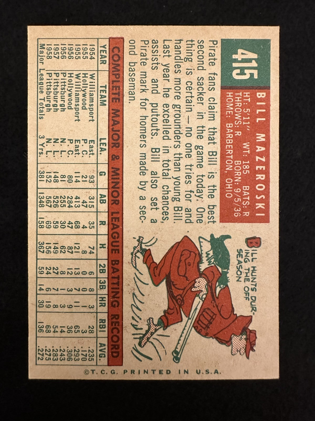 1959 Topps Bill Mazeroski (#415) EX HOFer, Pirates Hero ^GRUMPYBUCK^