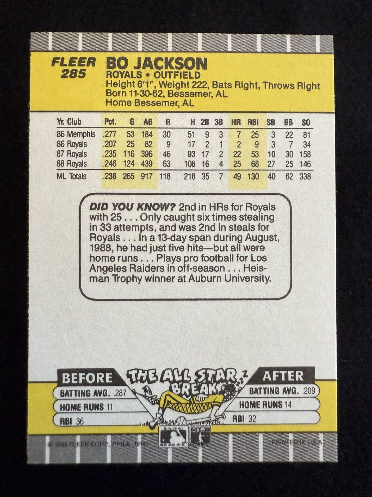 1989 Fleer Bo Jackson (#285) NM All Star, 2-Sport Star ^GRUMPYBUCK^