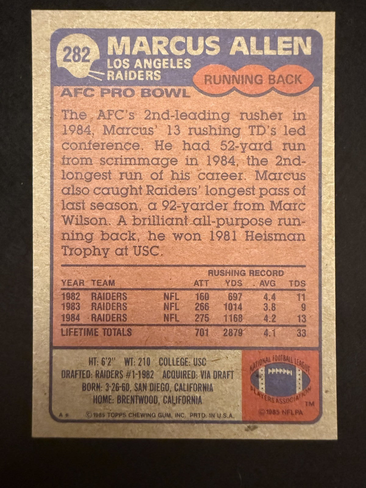 1985 Topps Marcus Allen (#282) NM HOFer, Heisman Winner ^GRUMPYBUCK^