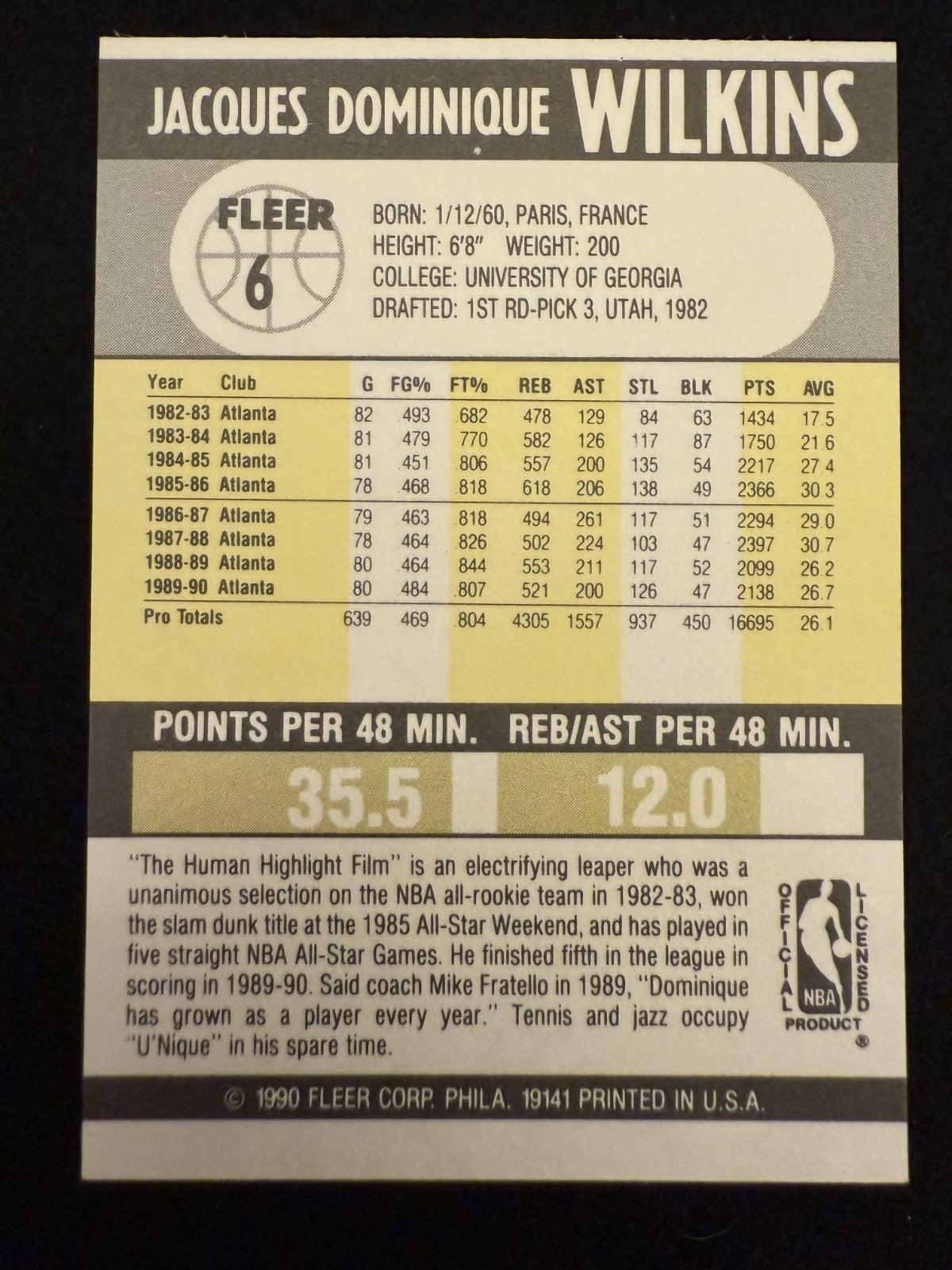 1990-91 Fleer Dominique Wilkins (#6) NM HOFer, Scoring Machine ^GRUMPYBUCK^