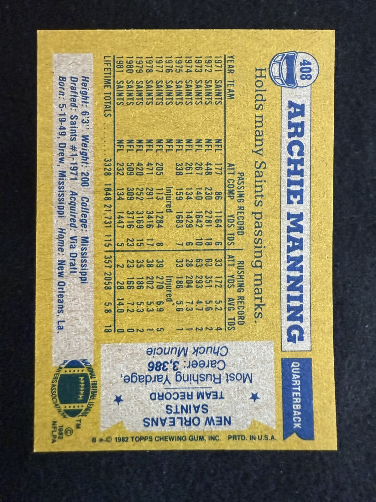 1982 Topps Archie Manning (#408) NM Saints, Football Patriarch ^GRUMPYBUCK^