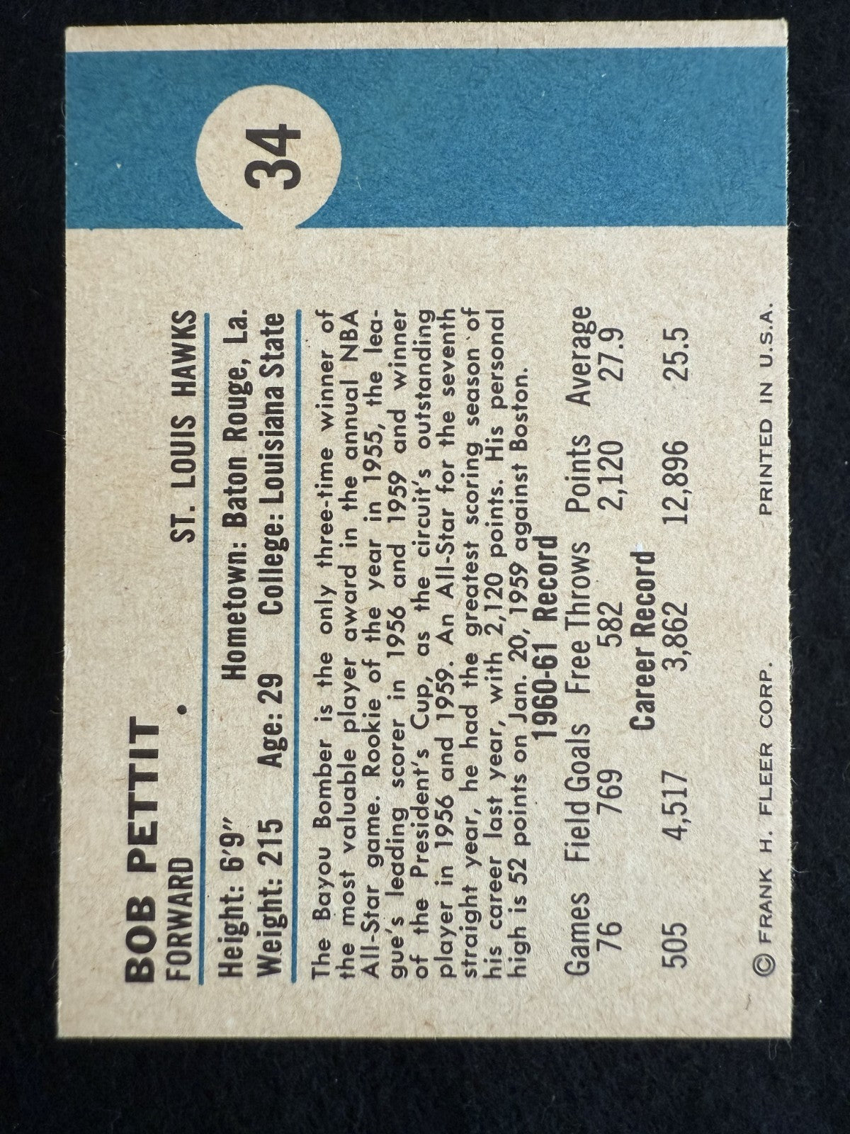 1961–62 Fleer Bob Pettit (#34) EX Centered (Rare for Set), HOFer ^GRUMPYBUCK^