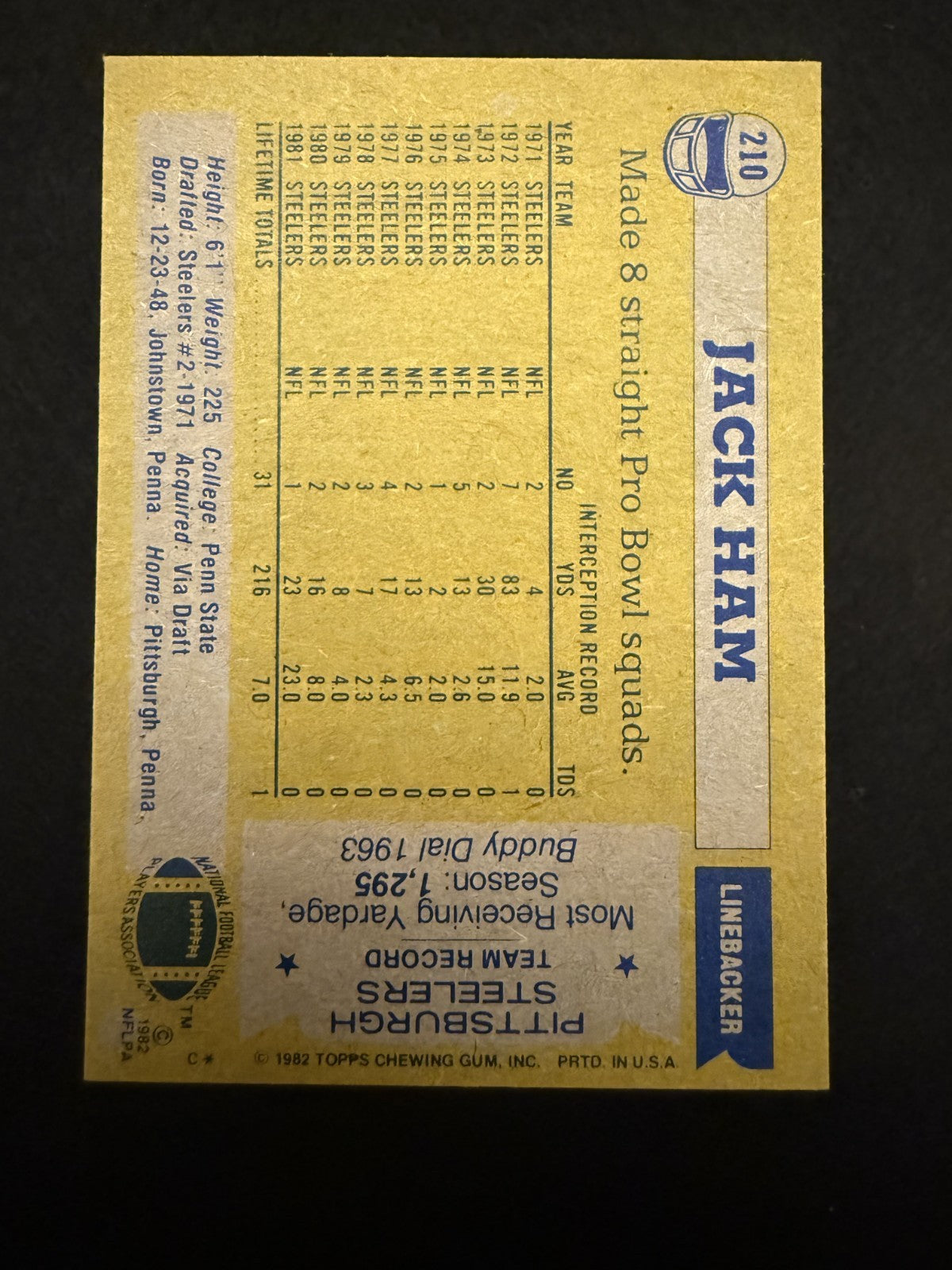 1982 Topps Jack Ham (#210) NM HOFer, SB Champ, Steelers ^GRUMPYBUCK^