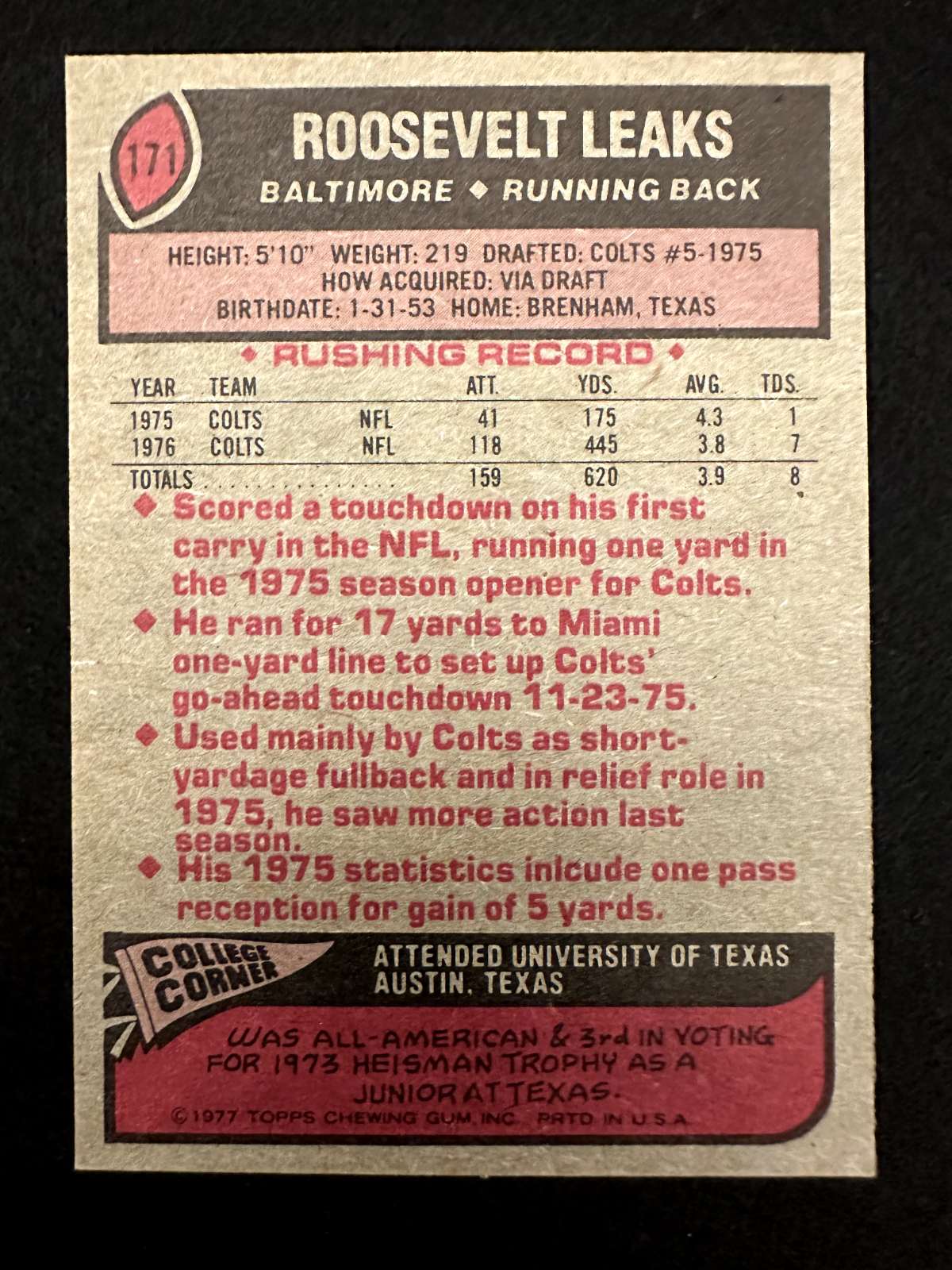 1977 Topps Roosevelt Leaks (#171) NM Longhorn Great ^GRUMPYBUCK^