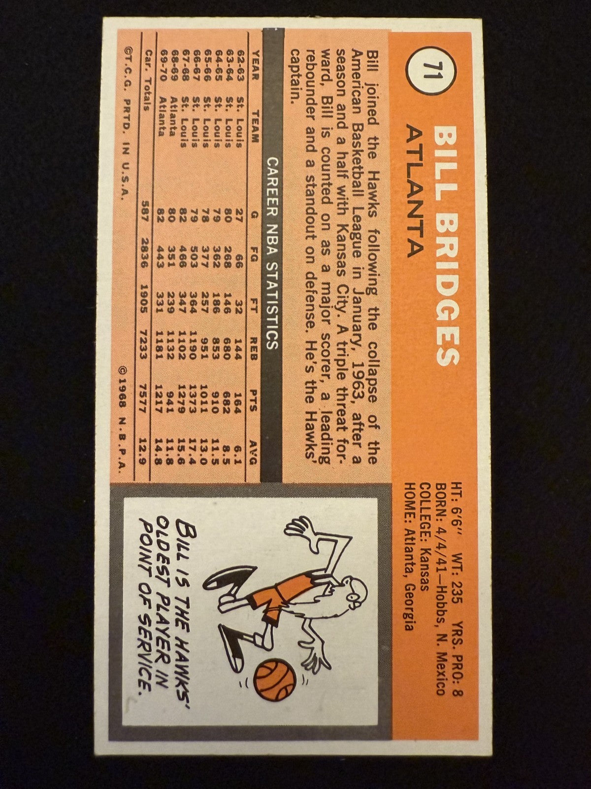 1970-71 Topps Bill Bridges (#71) EX Hawks Forward & Rebounder ^GRUMPYBUCK^