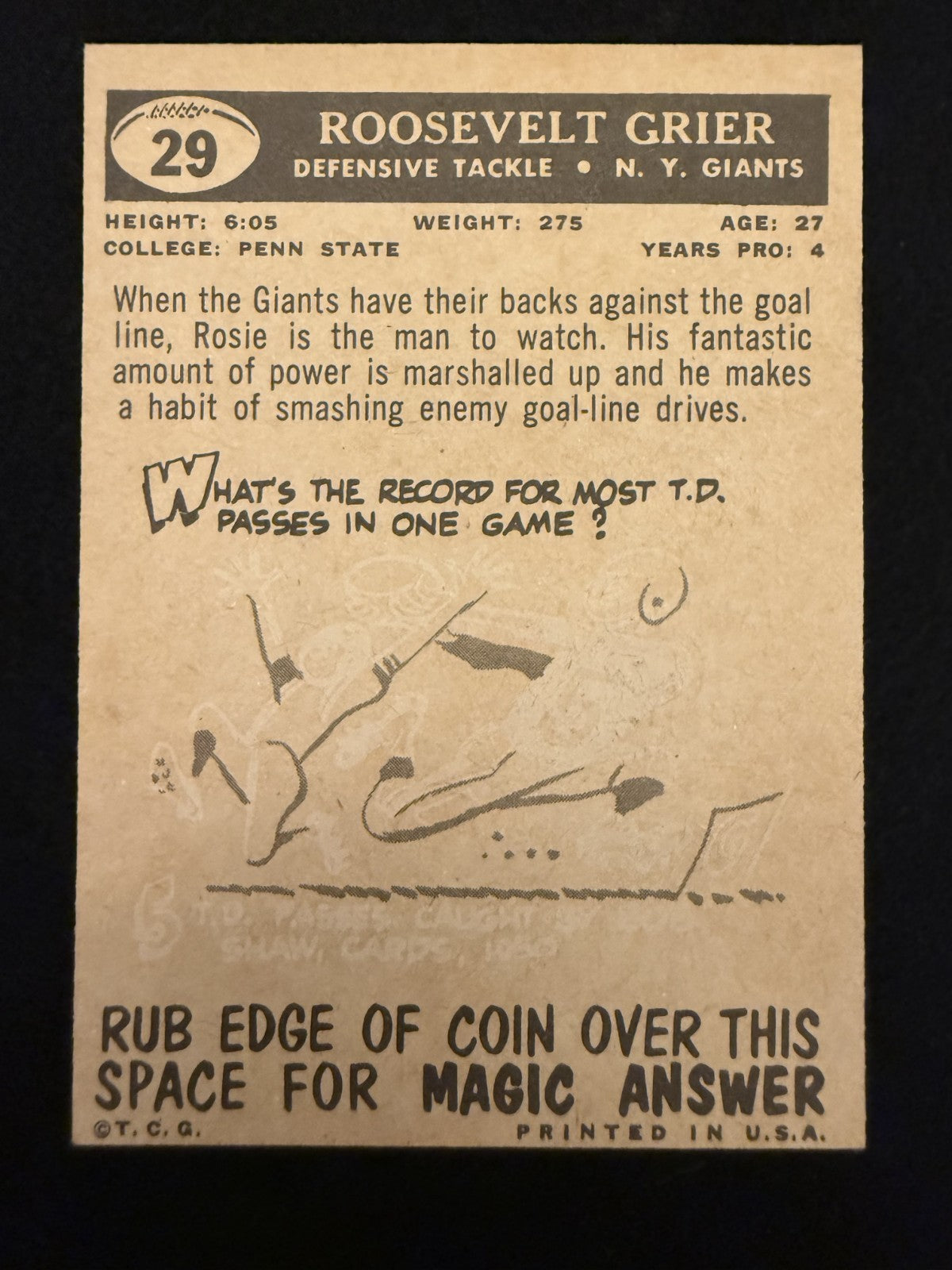 1959 Topps Rosey Grier (#29) EX Fearsome Tackle, Giants Legend ^GRUMPYBUCK^