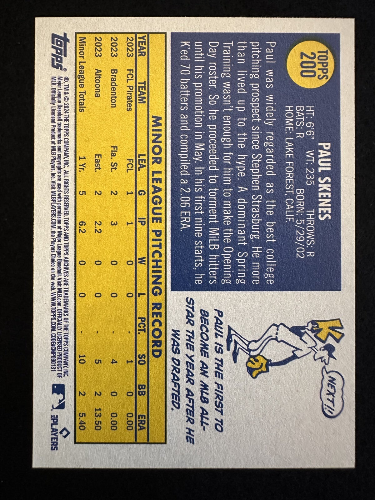 2024 Topps Paul Skenes (#200) MINT Pirates Prospect, No. 1 Pick ^GRUMPYBUCK^