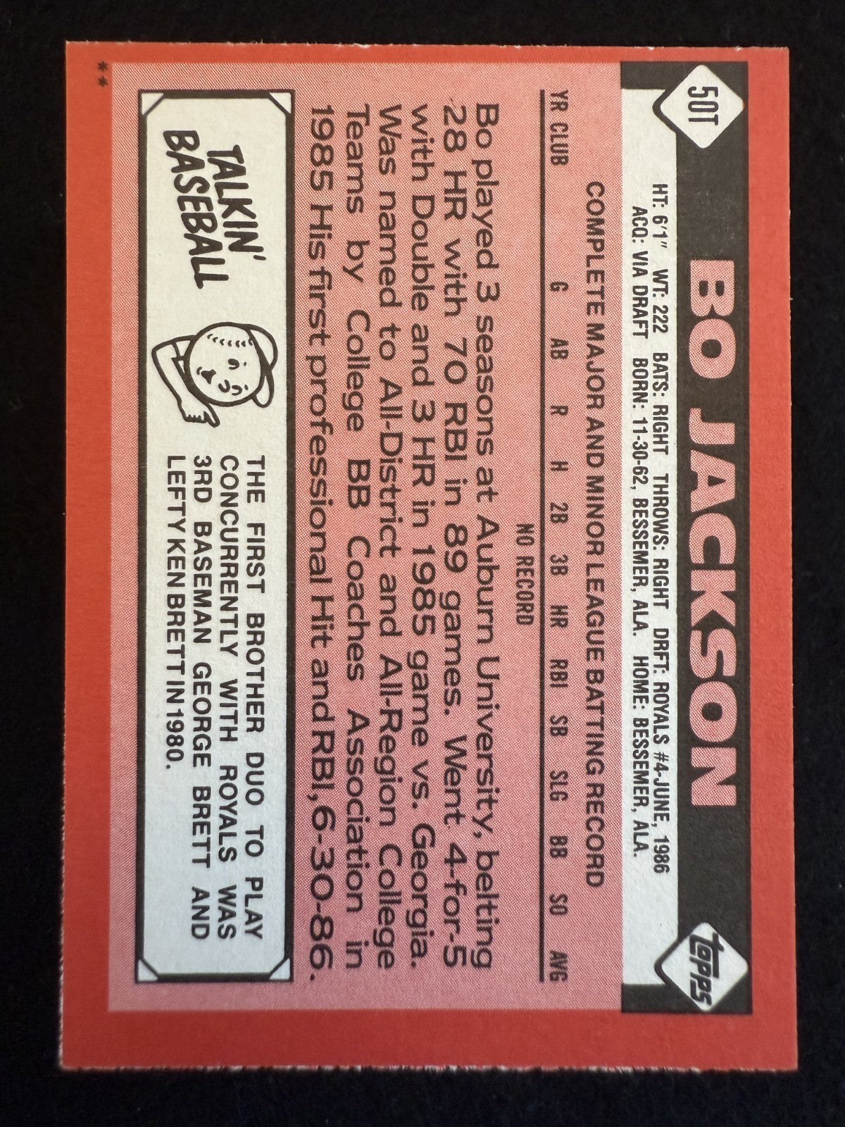 1986 Topps Traded Bo Jackson (#50T) NM Bo Knows Bo, All Star MVP ^GRUMPYBUCK^