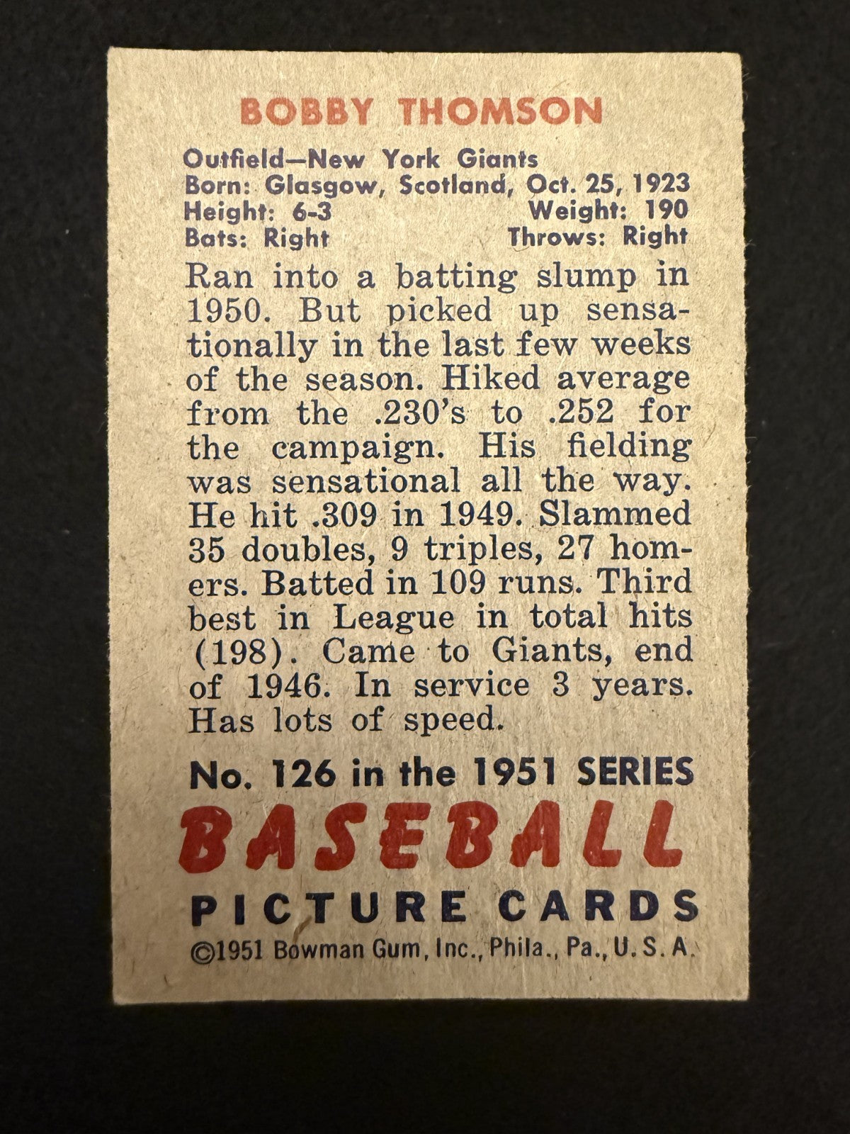 1951 Bowman Bobby Thomson (#126) EX Giants “Shot Heard ’Round ...” ^GRUMPYBUCK^