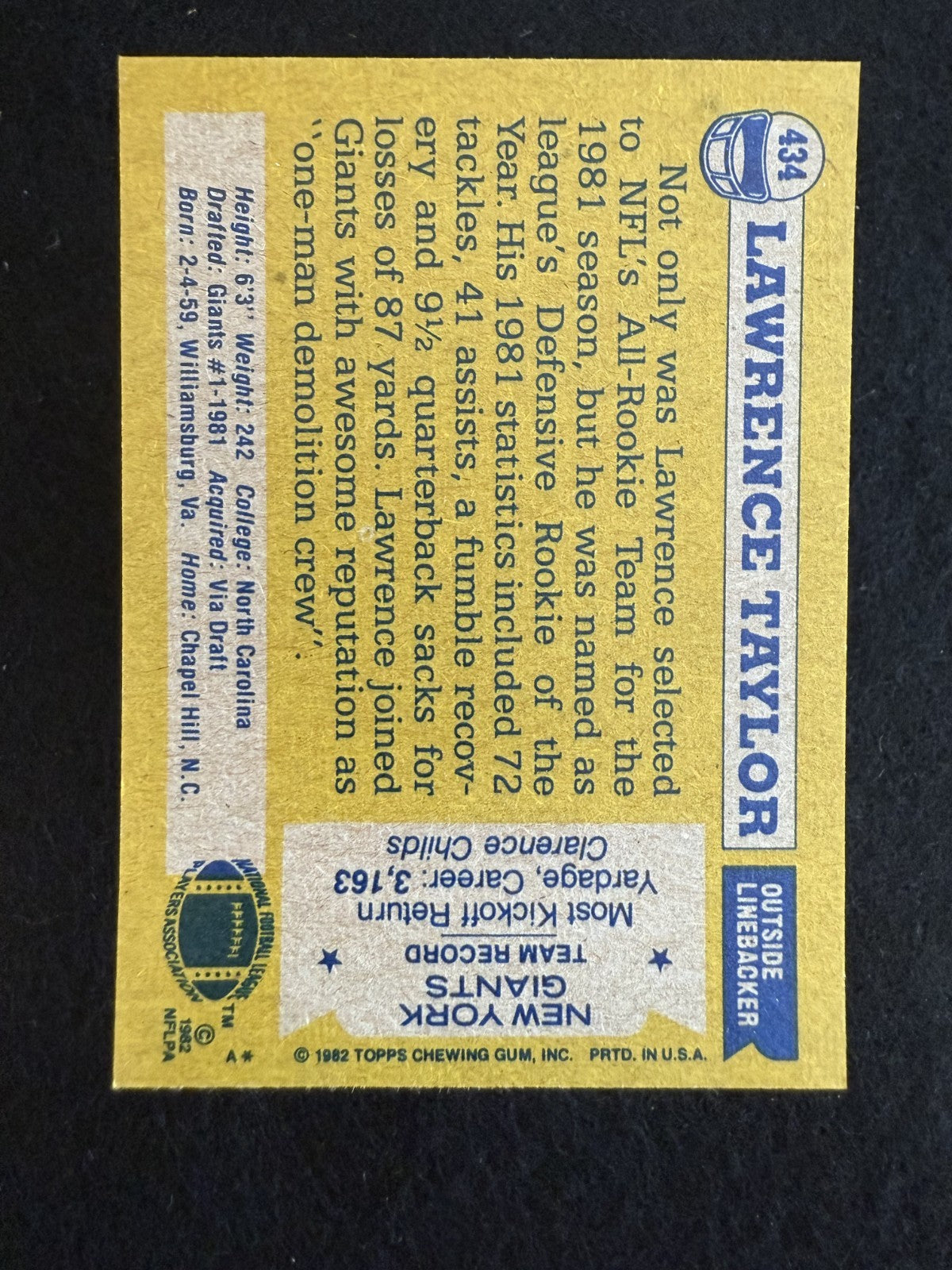 1982 Topps Lawrence Taylor (#434) NM HOFer, Rookie Card ^GRUMPYBUCK^