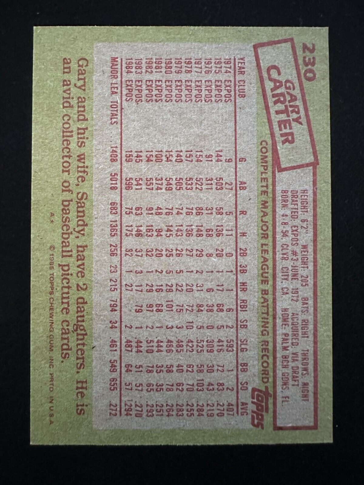 1985 Topps Gary Carter (#230) NM HOFer, WS Champ, Expos/Mets Great ^GRUMPYBUCK^