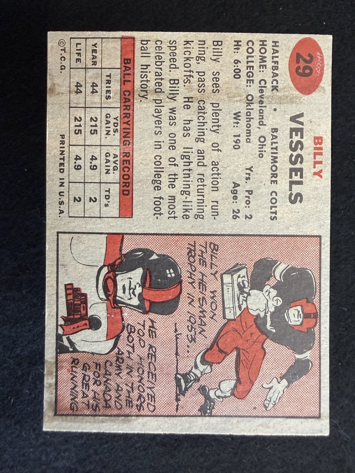 1957 Topps Billy Vessels (#29) VG Well Centered, Heisman Winner ^GRUMPYBUCK^