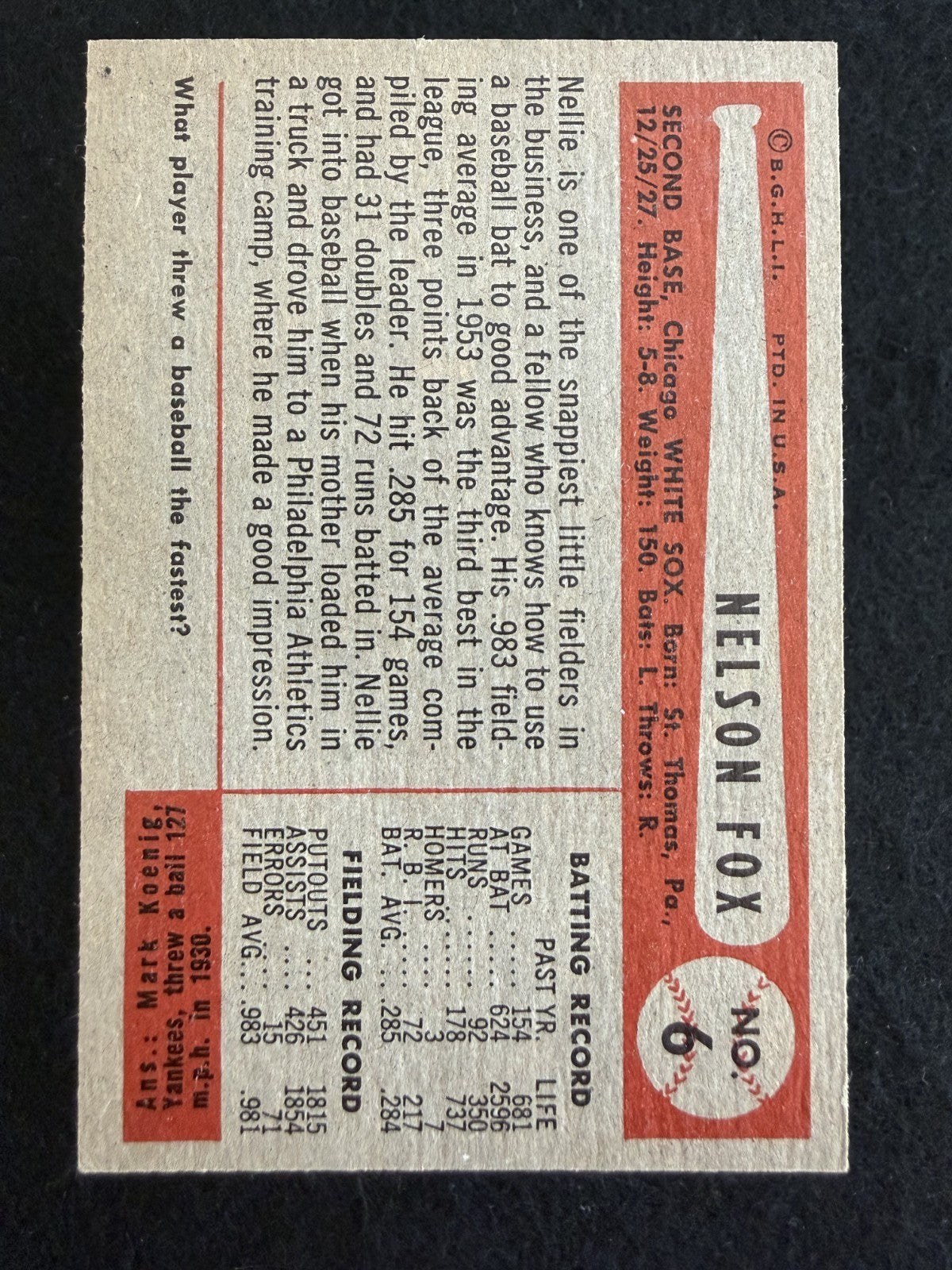 1954 Bowman Nellie Fox (#6) EX Beautiful Condition, MVP, HOFer ^GRUMPYBUCK^