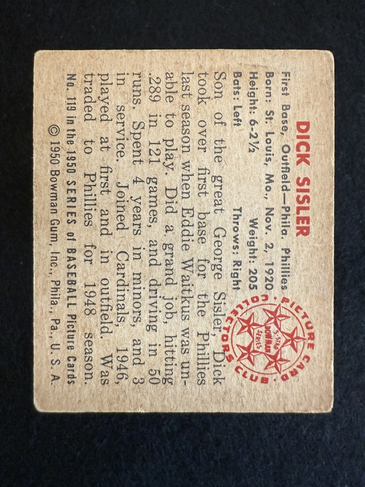 1950 Bowman Dick Sisler (#119) VG Phillies Hero, Postwar Classic ^GRUMPYBUCK^