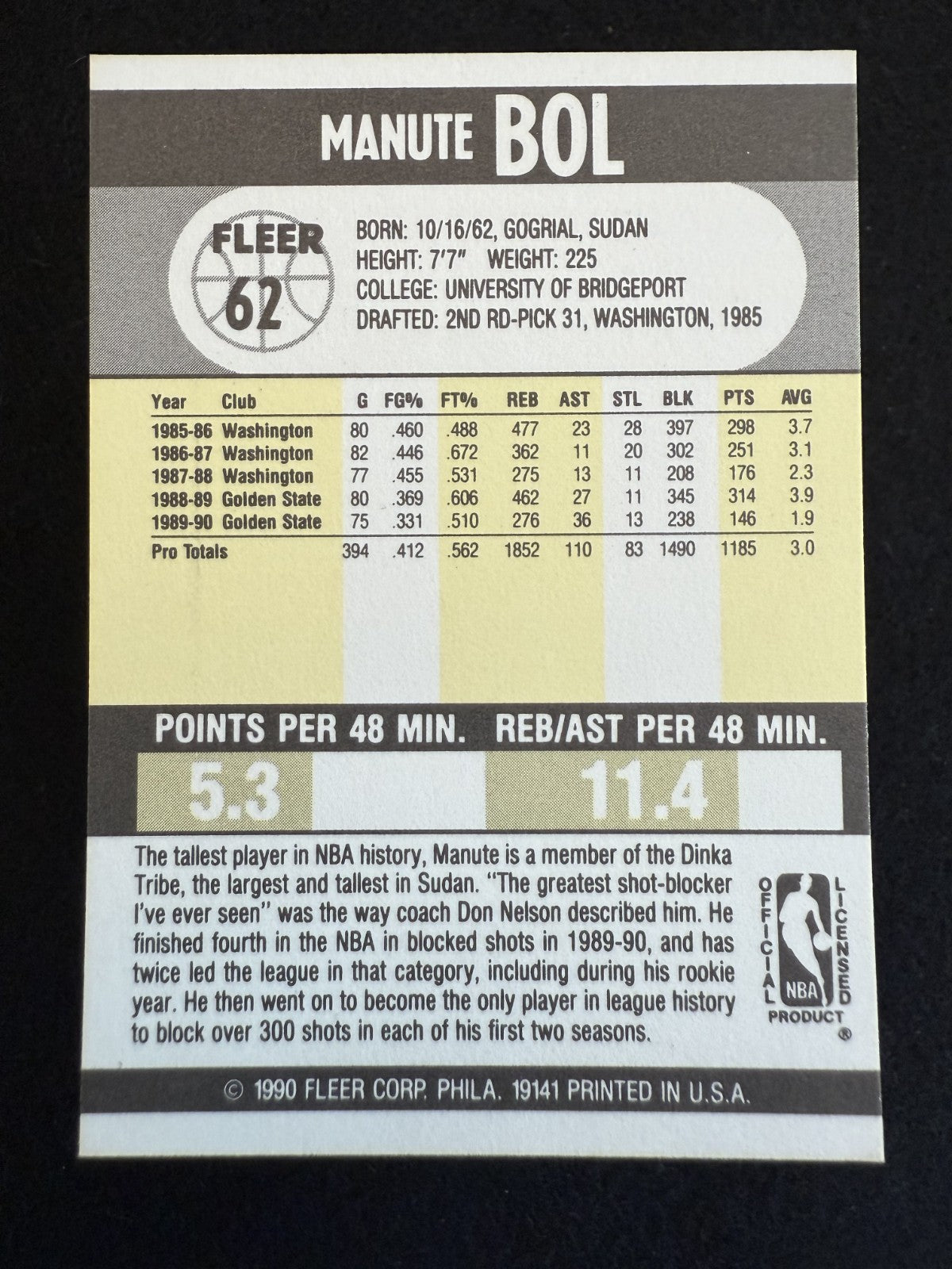 1990-91 Fleer Manute Bol (#62) NM Skyscraper Center ^GRUMPYBUCK^