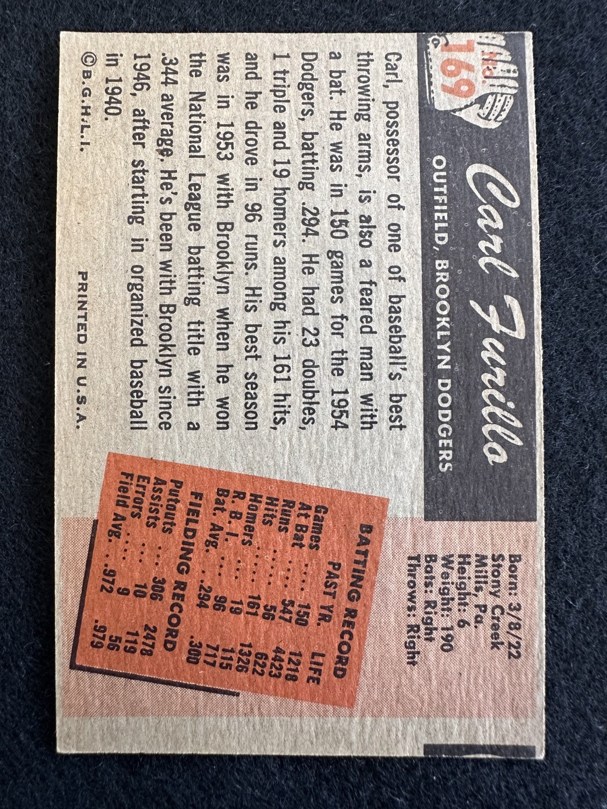 1955 Bowman Carl Furillo (#169) EX All-Star OF, Dodgers Champ ^GRUMPYBUCK^