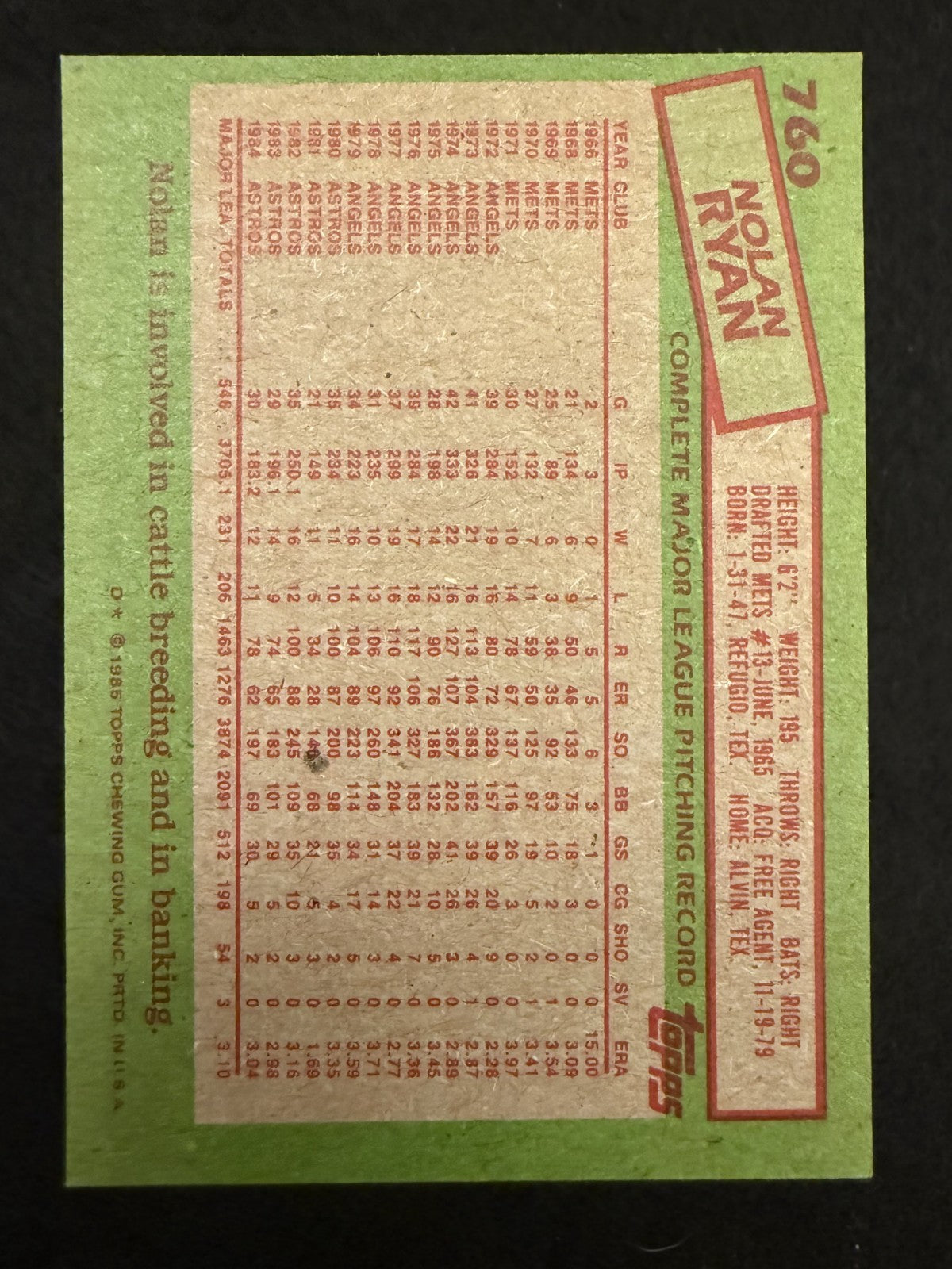 1985 Topps Nolan Ryan (#760) EX HOFer, All-Time K Leader ^GRUMPYBUCK^