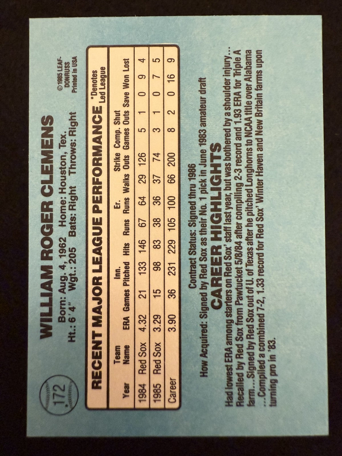 1986 Donruss Roger Clemens (#172) NM Cy Young ^GRUMPYBUCK^