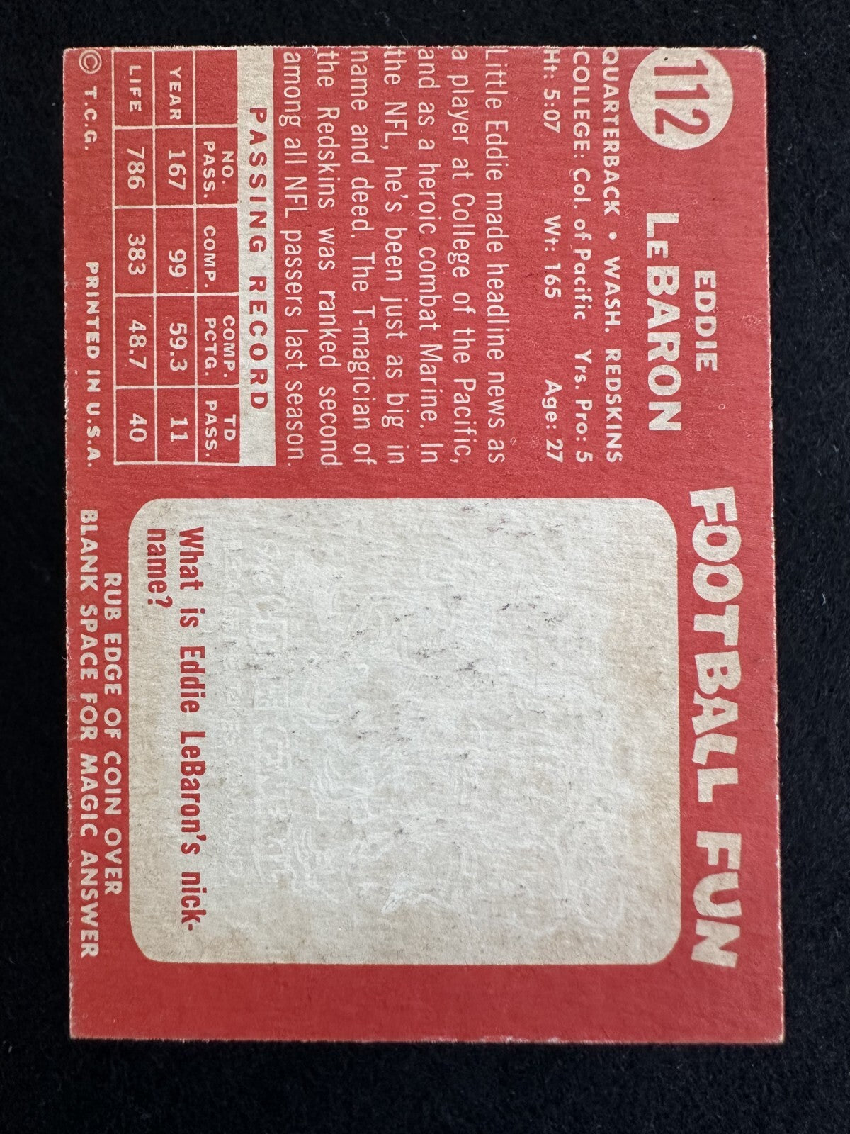 1958 Topps Eddie LeBaron (#112) EX Pro Bowler, 1st Cowboys QB ^GRUMPYBUCK^