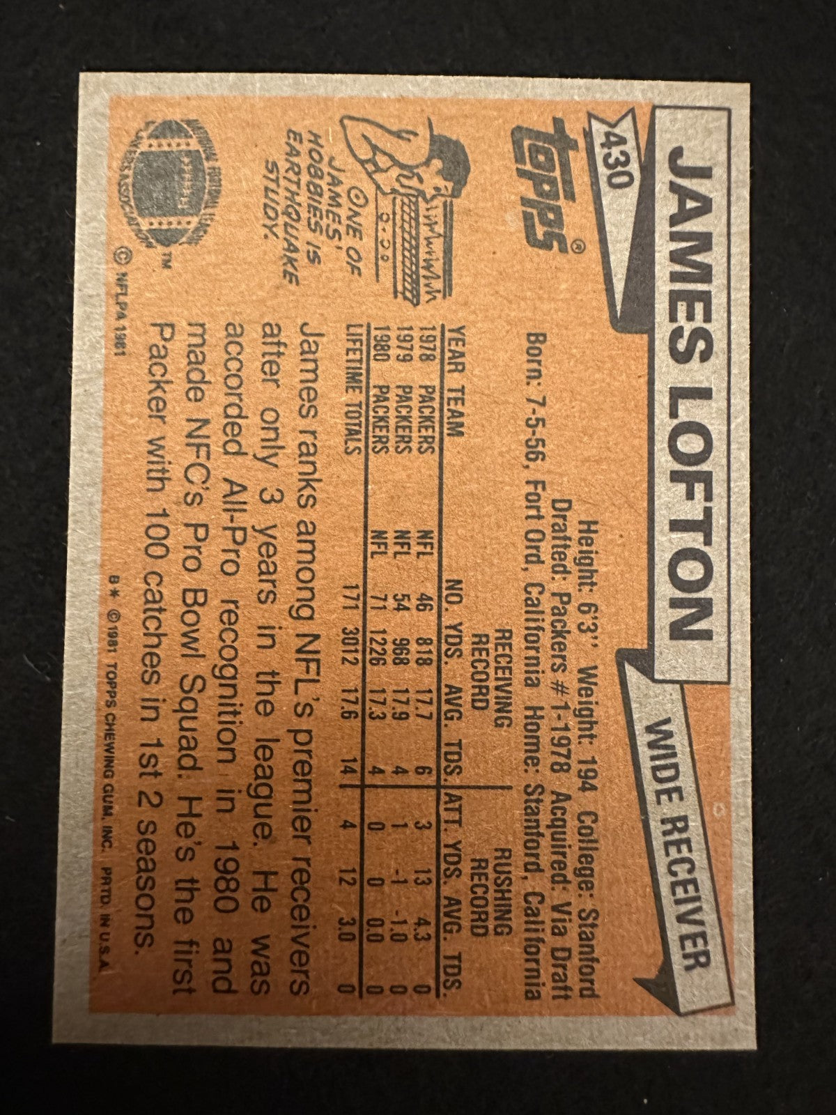 1981 Topps James Lofton (#430) NM HOFer, Packers Deep Threat ^GRUMPYBUCK^