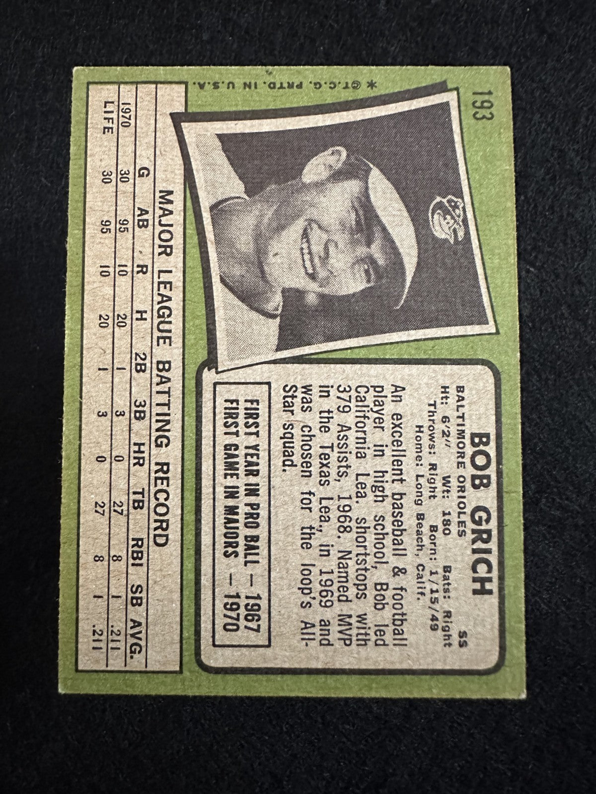 1971 Topps Bobby Grich (#193) VG Rookie Card, All-Star 2B, Orioles ^GRUMPYBUCK^