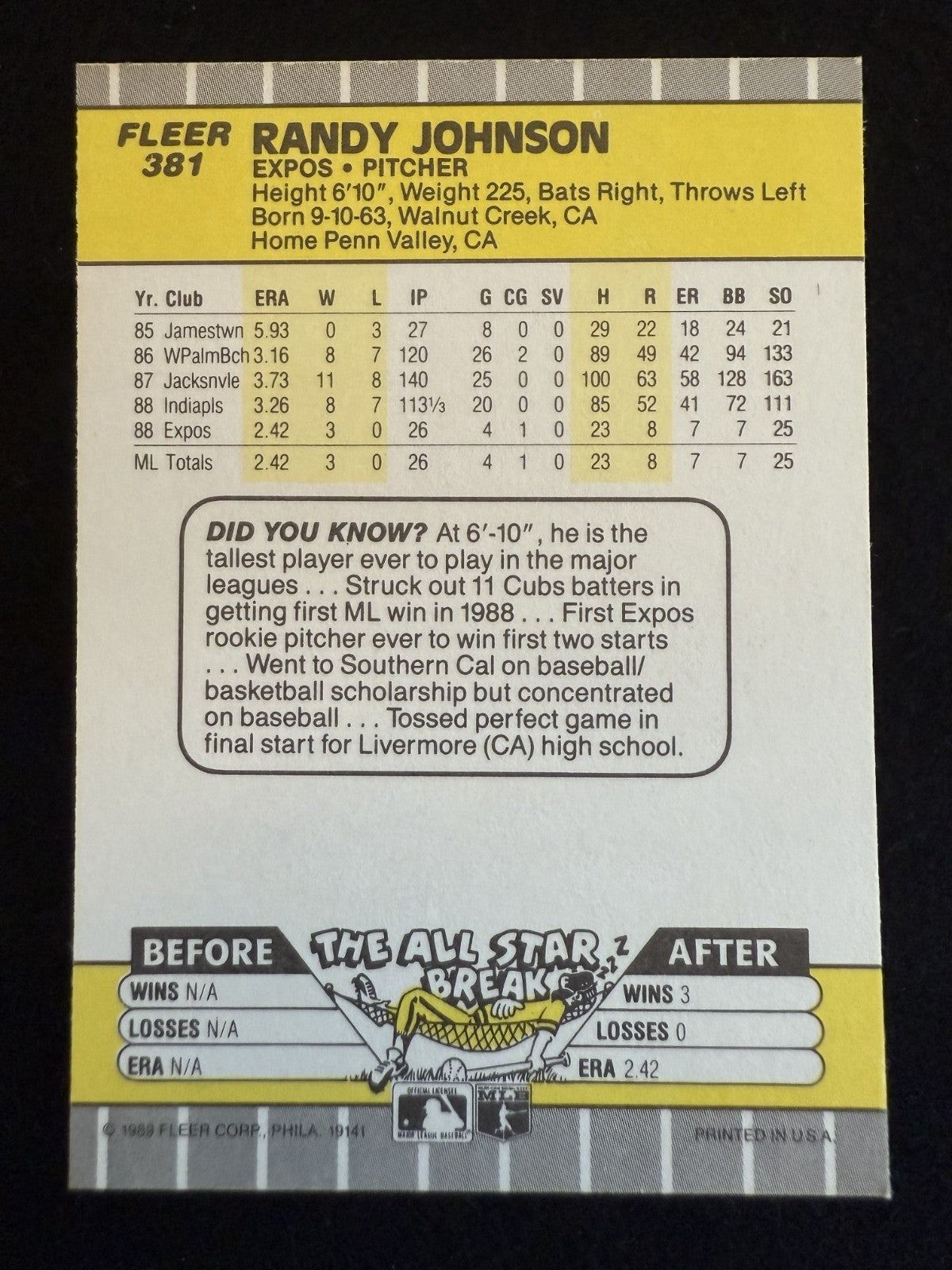 1989 Fleer Randy Johnson (#381) NM Rookie Card, Big Unit ^GRUMPYBUCK^