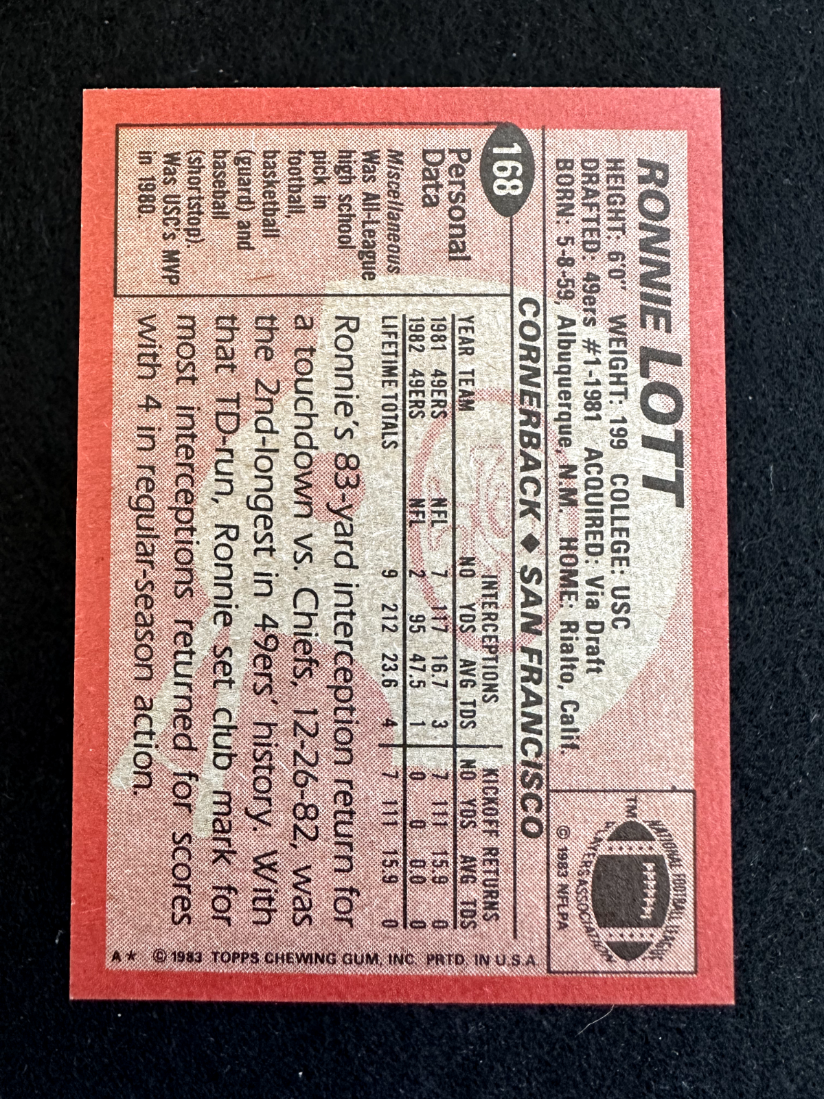 1983 Topps Ronnie Lott (#168) NM HOFer, 49ers Great ^GRUMPYBUCK^