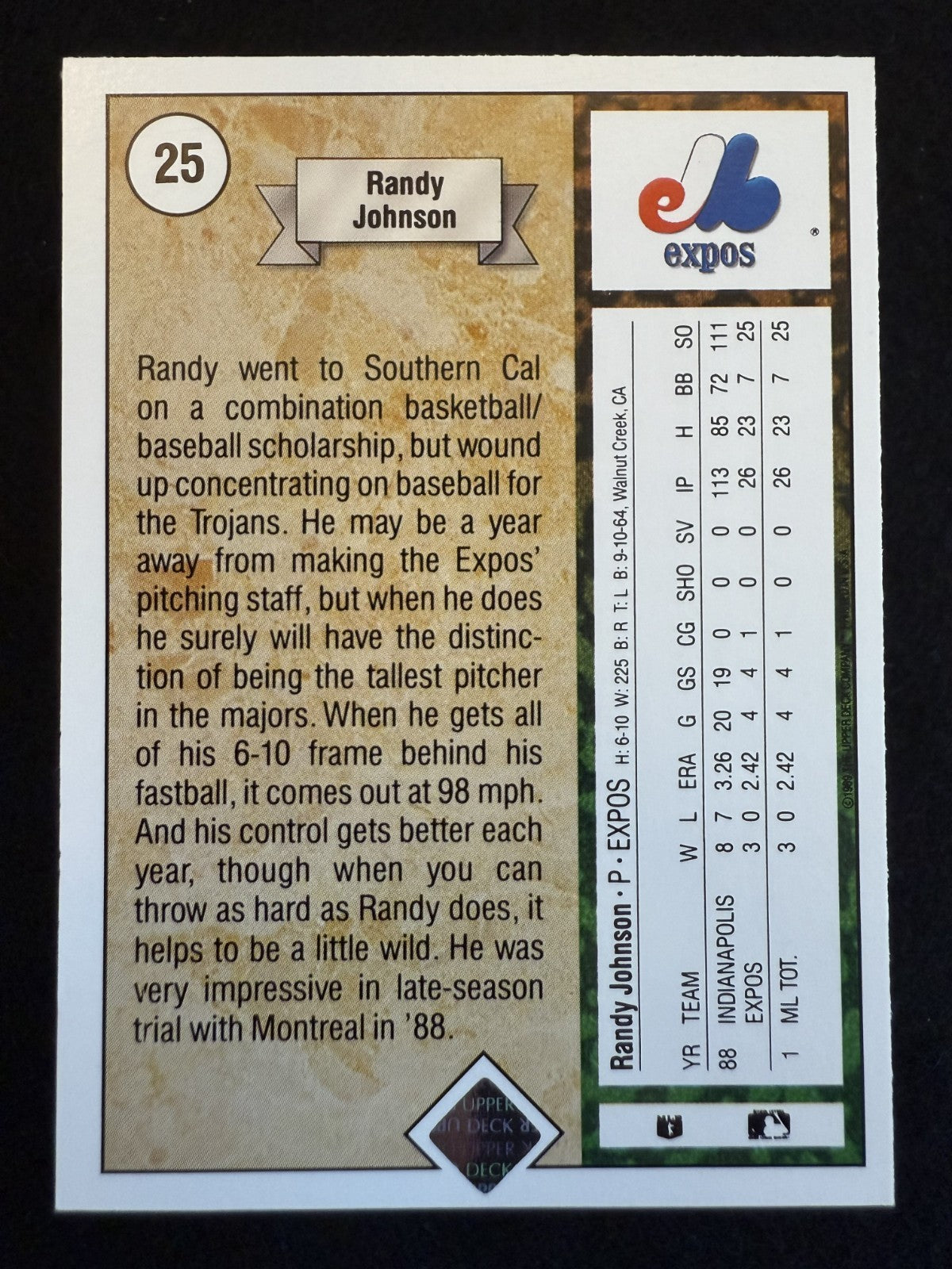 1989 Upper Deck Randy Johnson (#25) NM Rookie Card, HOFer ^GRUMPYBUCK^