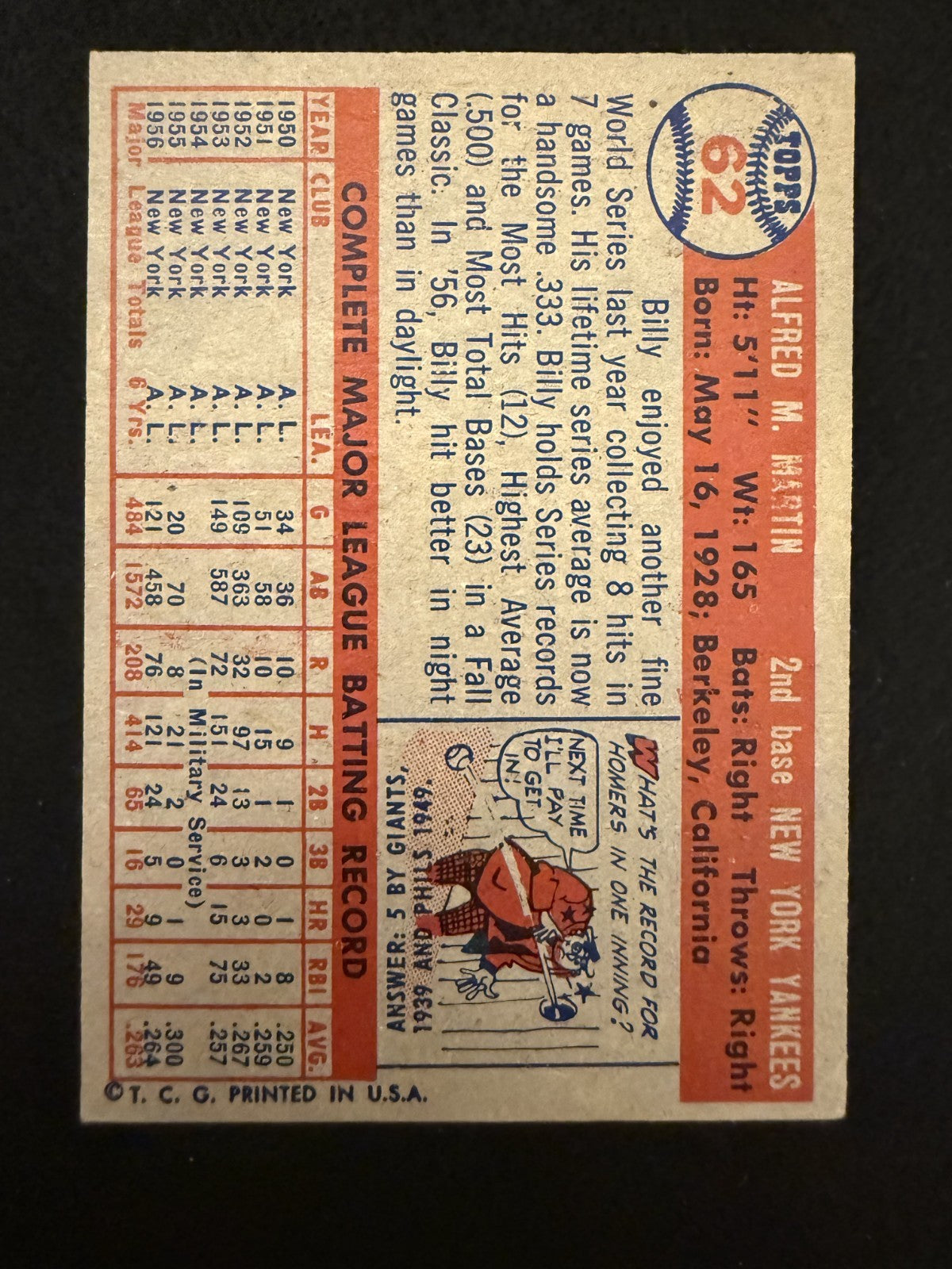 1957 Topps Billy Martin (#62) EX Yankees Firebrand, WS Champ ^GRUMPYBUCK^