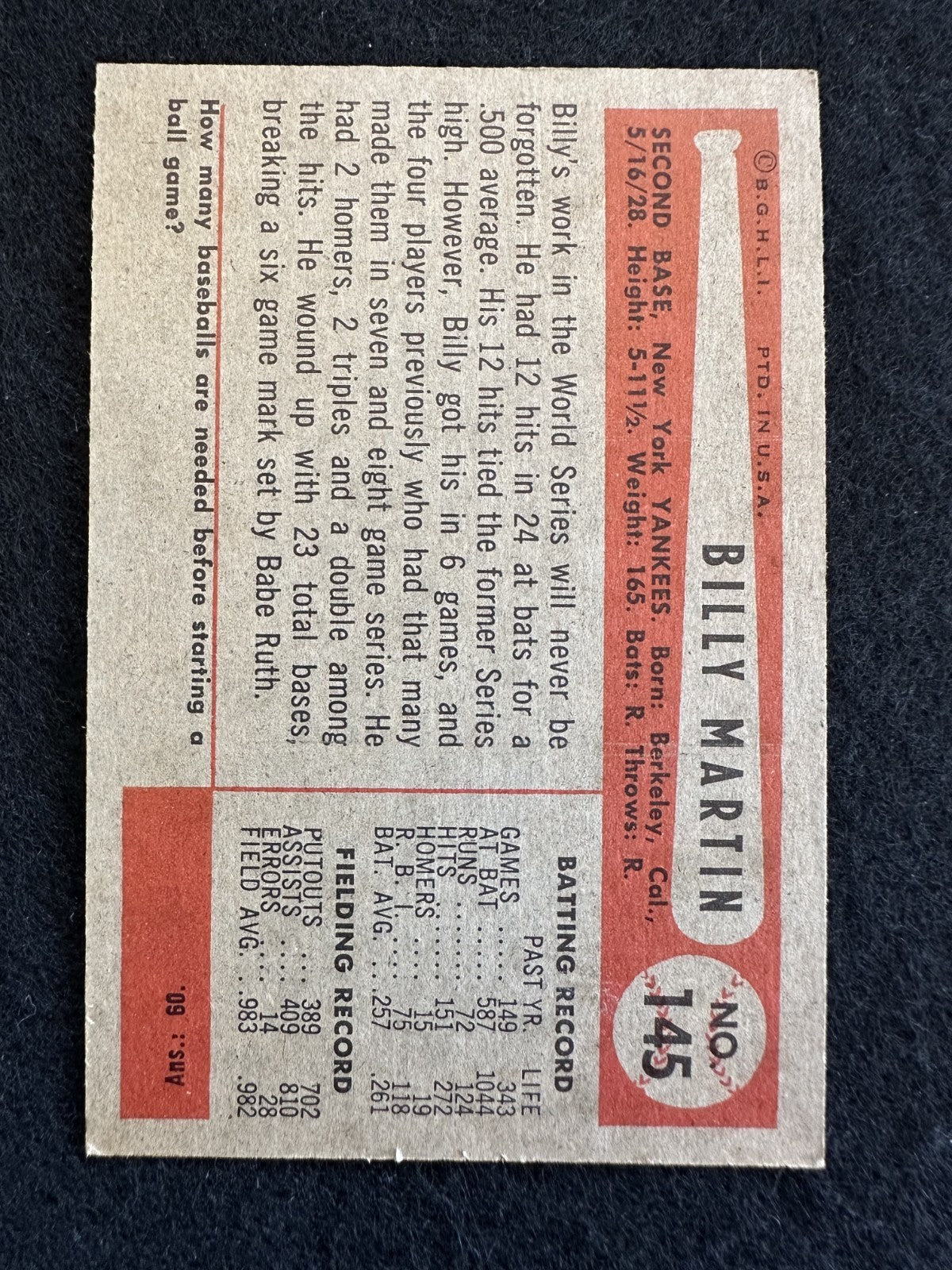 1954 Bowman Billy Martin (#145) NM Yankees Sparkplug ^GRUMPYBUCK^