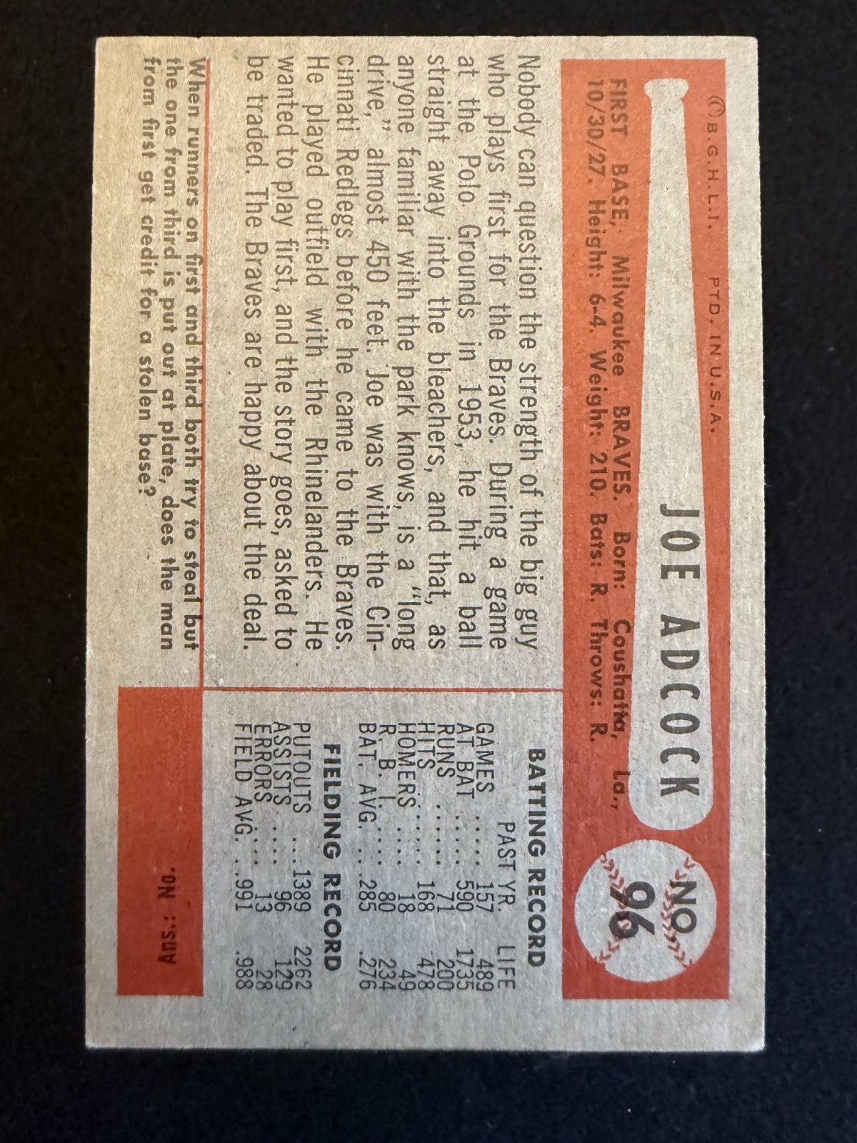 1954 Bowman Joe Adcock (#96) EX Braves Great, WS Champ ^GRUMPYBUCK^