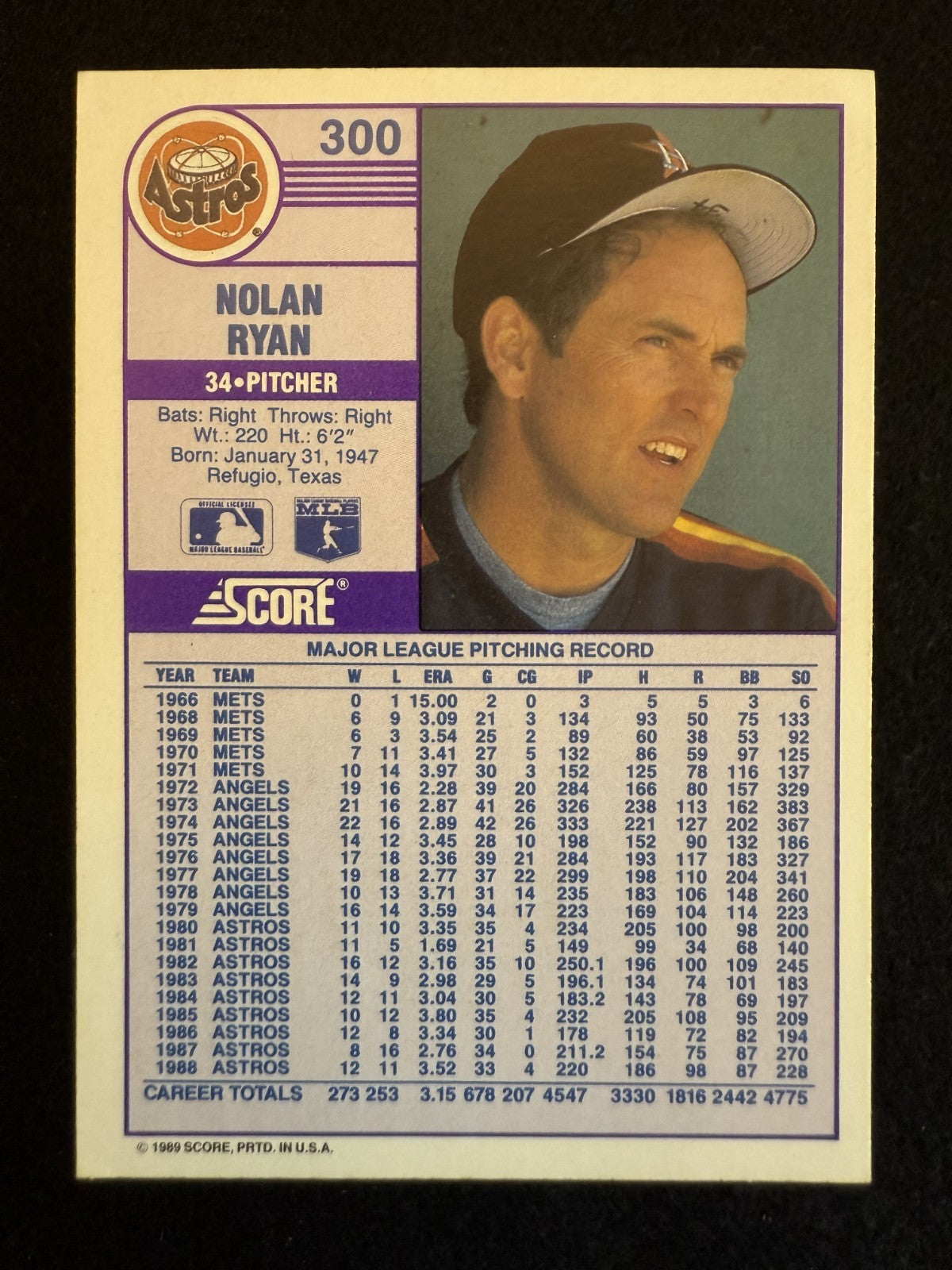 1989 Score Nolan Ryan (#300) NM HOFer, Strikeout King ^GRUMPYBUCK^