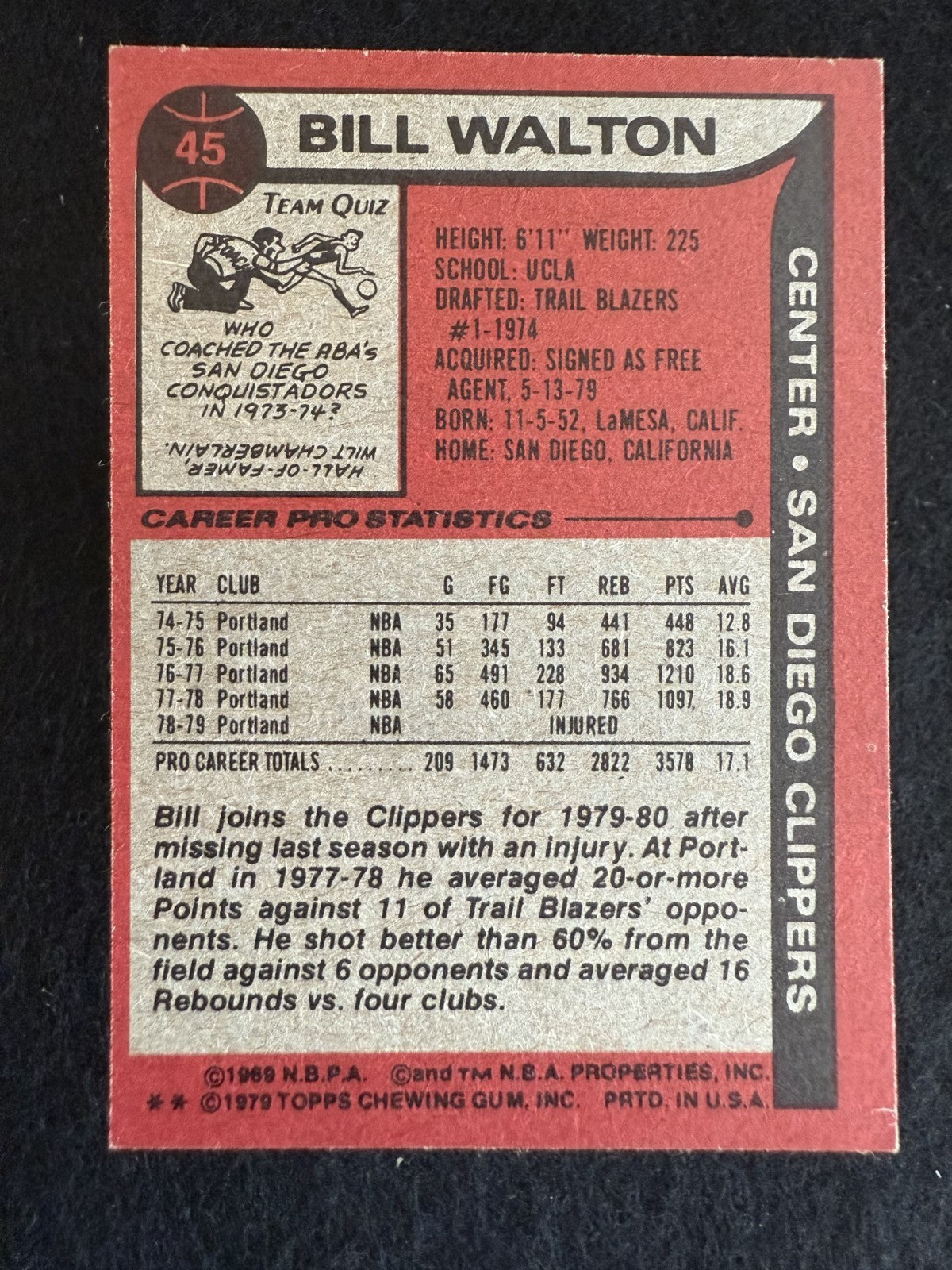 1979-80 Topps Bill Walton (#45) EX HOFer, Blazers Champion ^GRUMPYBUCK^